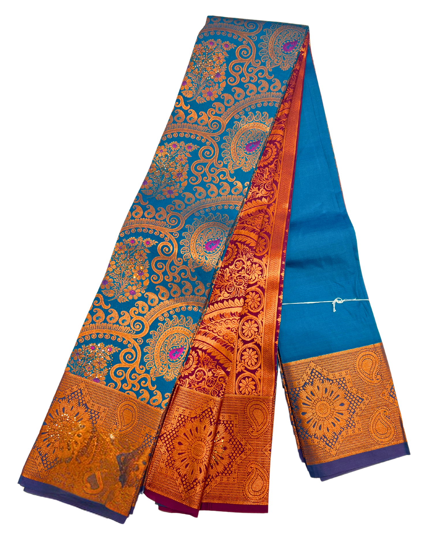 Vibrant Blue Art Silk Saree with Intricate Gold and Maroon Border