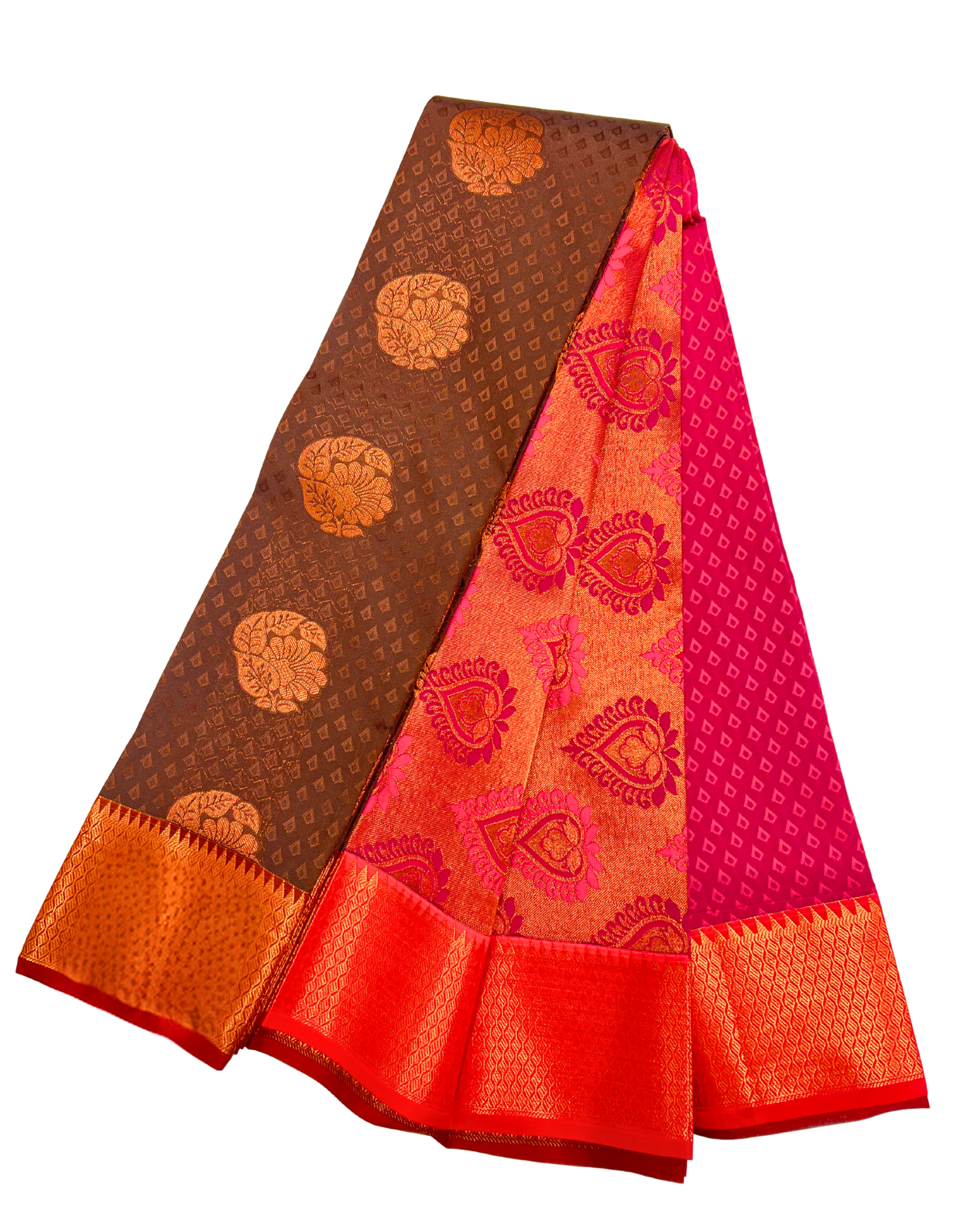 Vibrant Pink and Brown Art Silk Saree with Intricate Gold Motifs