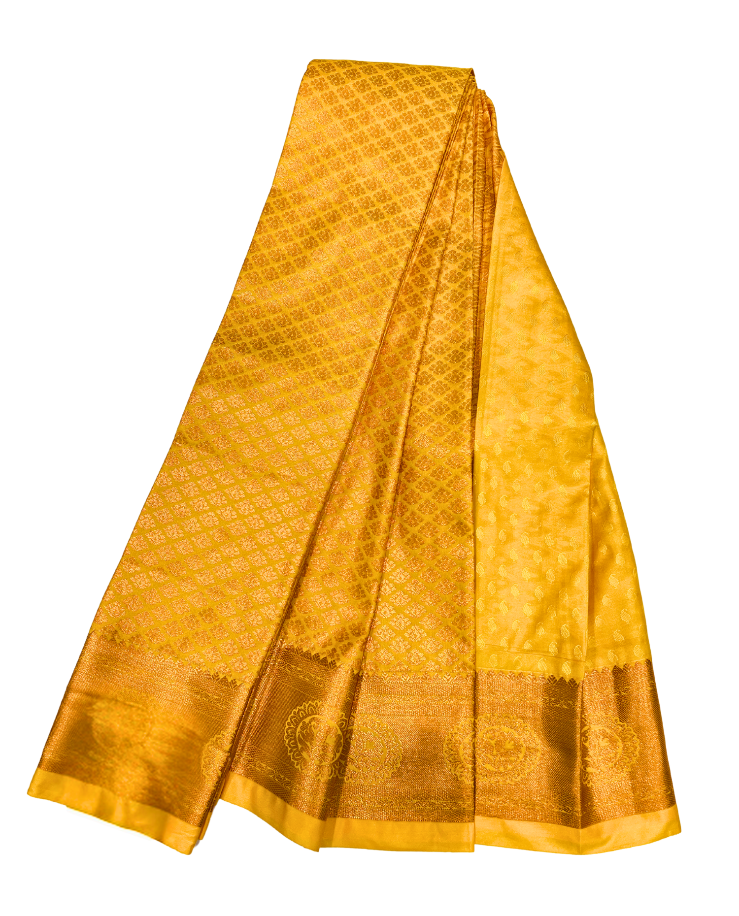 Handwoven Golden Art Silk Saree with Intricate Geometric Patterns