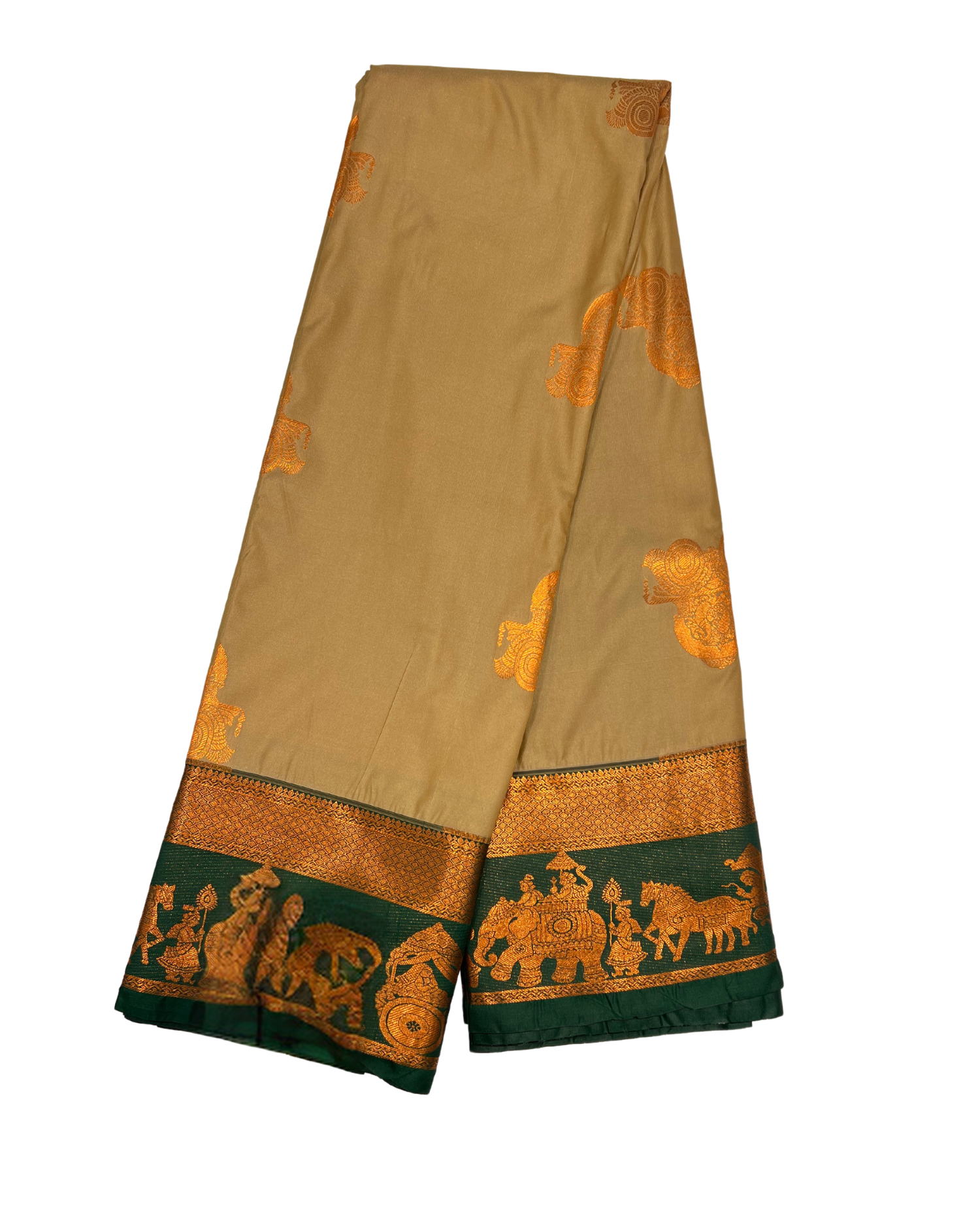 Golden Beige Art Silk Saree with Traditional Elephant Motifs and Green Border