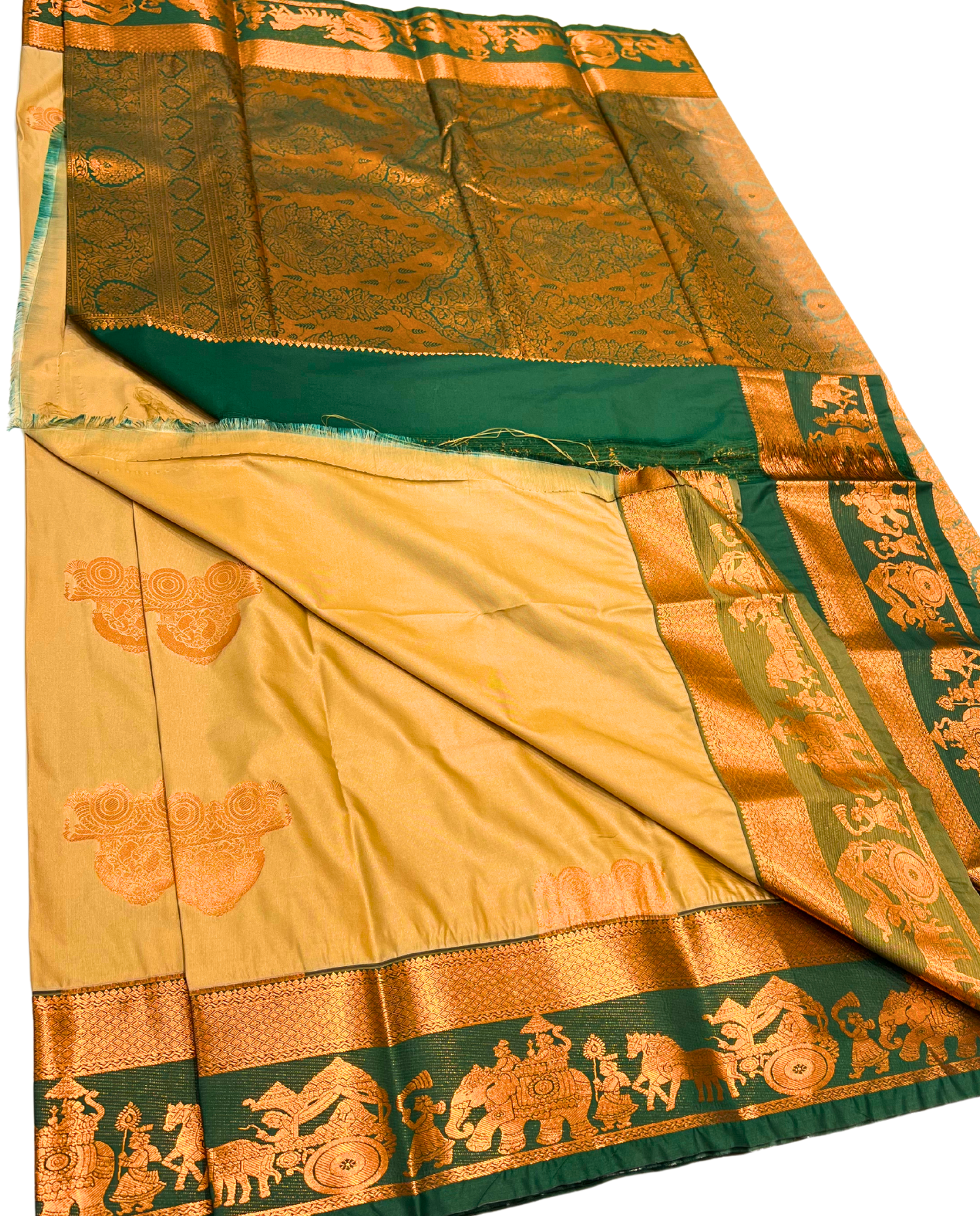 Golden Beige Art Silk Saree with Traditional Elephant Motifs and Green Border