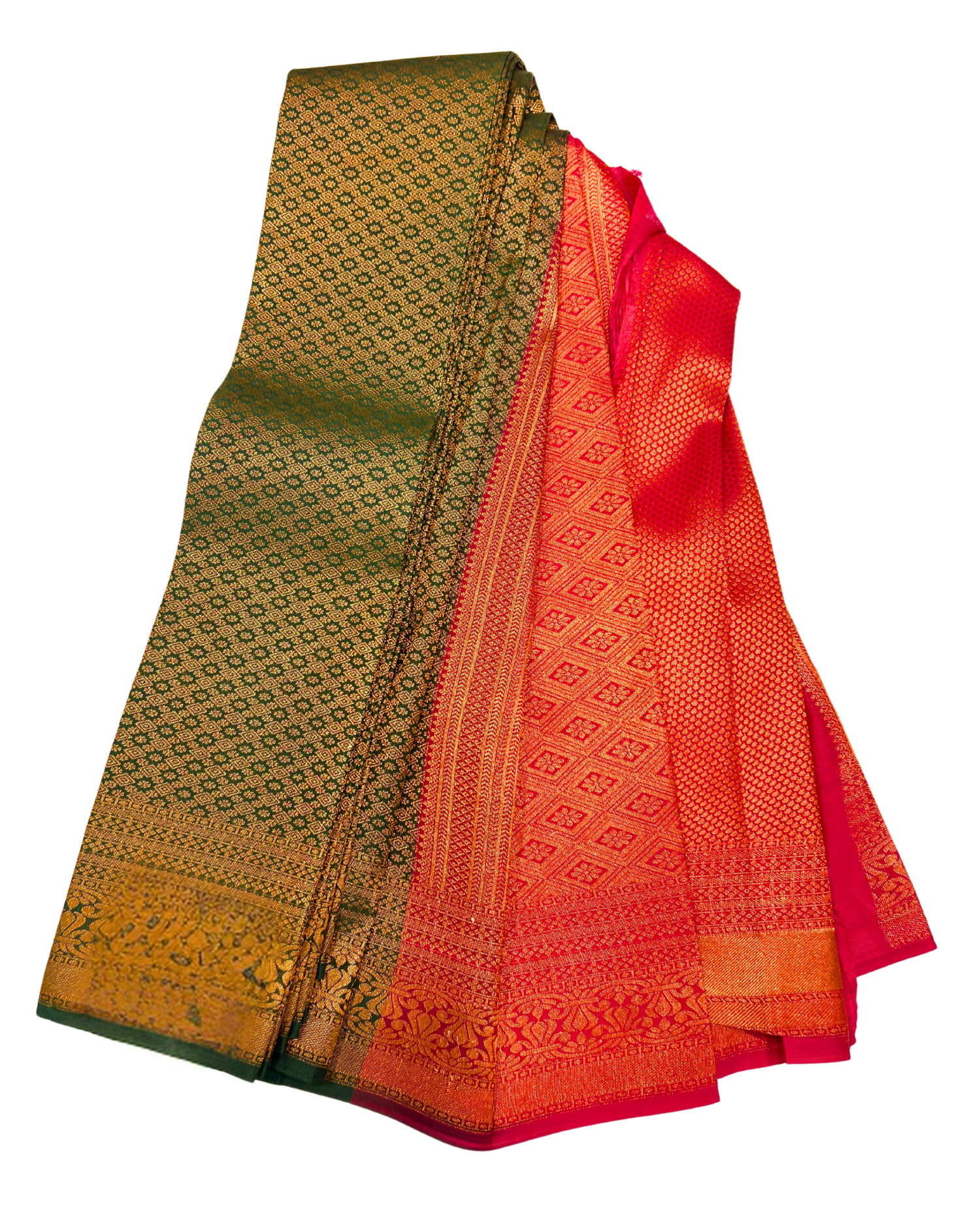 Vibrant Green and Red Art Silk Saree with Traditional Gold Motifs