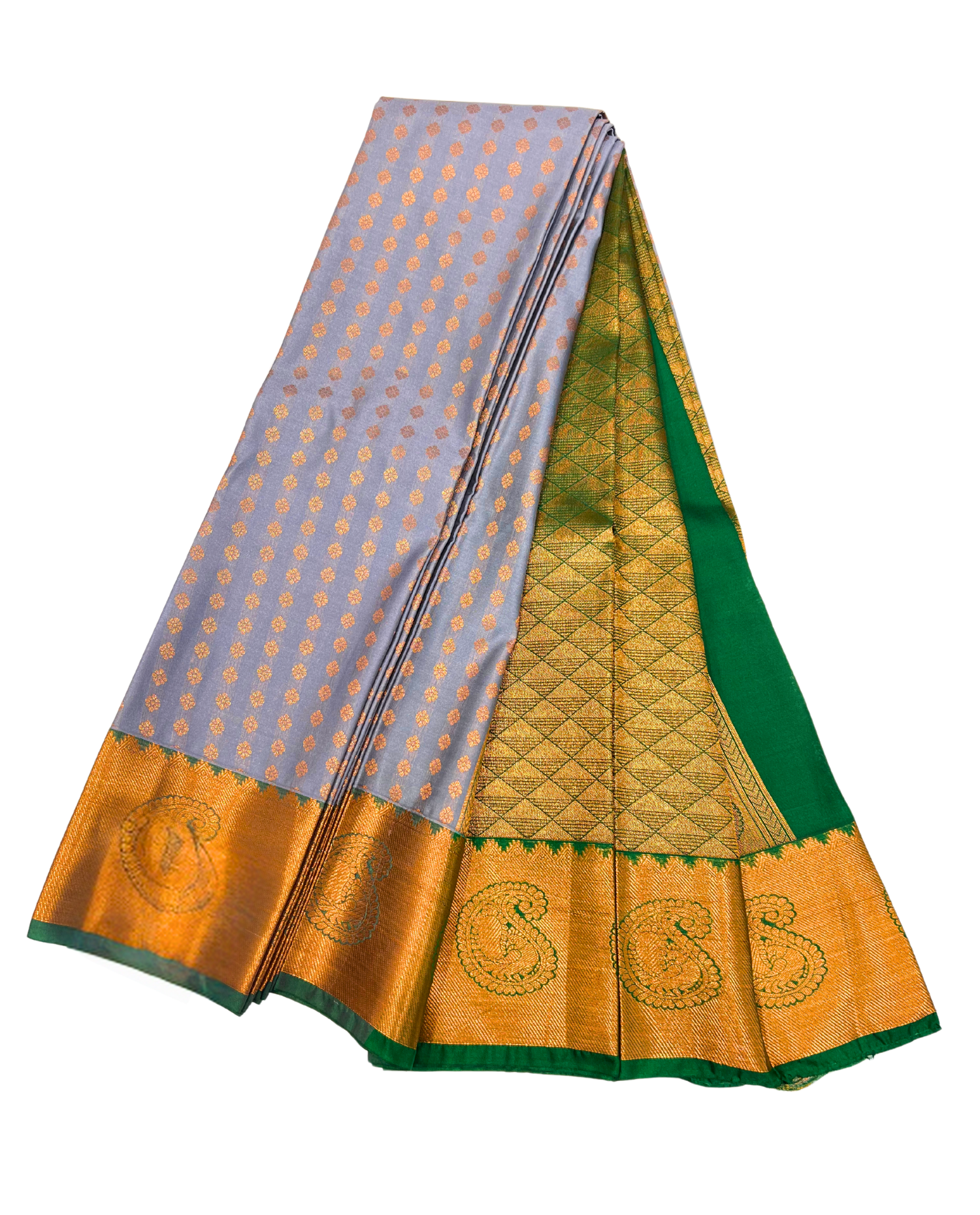 Grey Art Silk Saree with Traditional Gold and Green Border