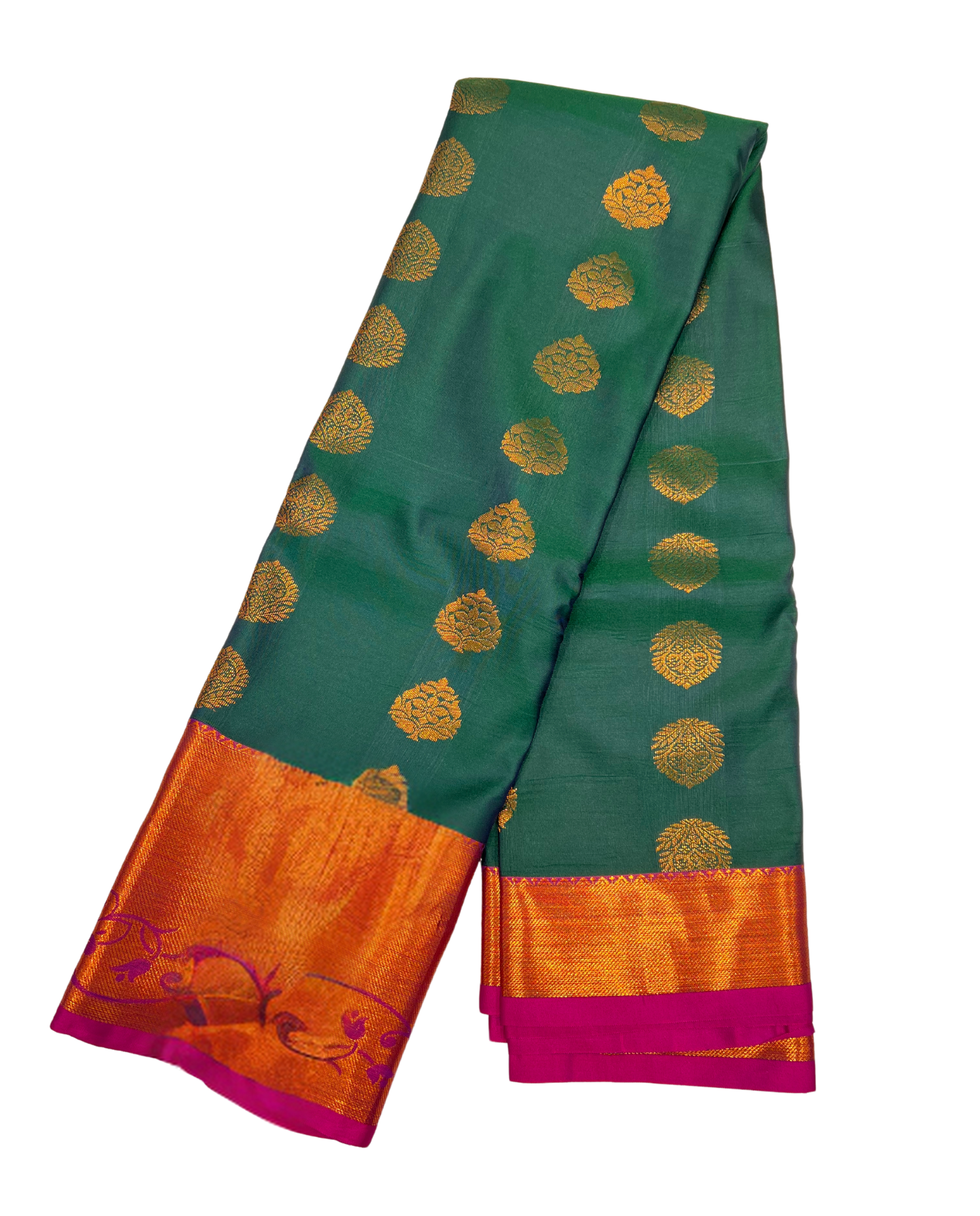 Vibrant Green Fancy Kanchipuram Art Silk Saree with Traditional Gold Motifs and Pink Border