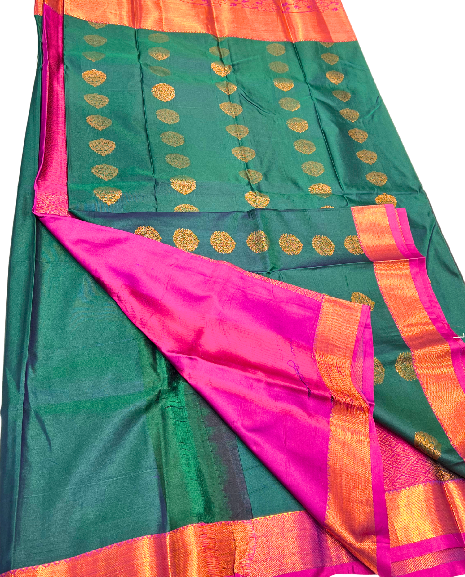 Vibrant Green Fancy Kanchipuram Art Silk Saree with Traditional Gold Motifs and Pink Border