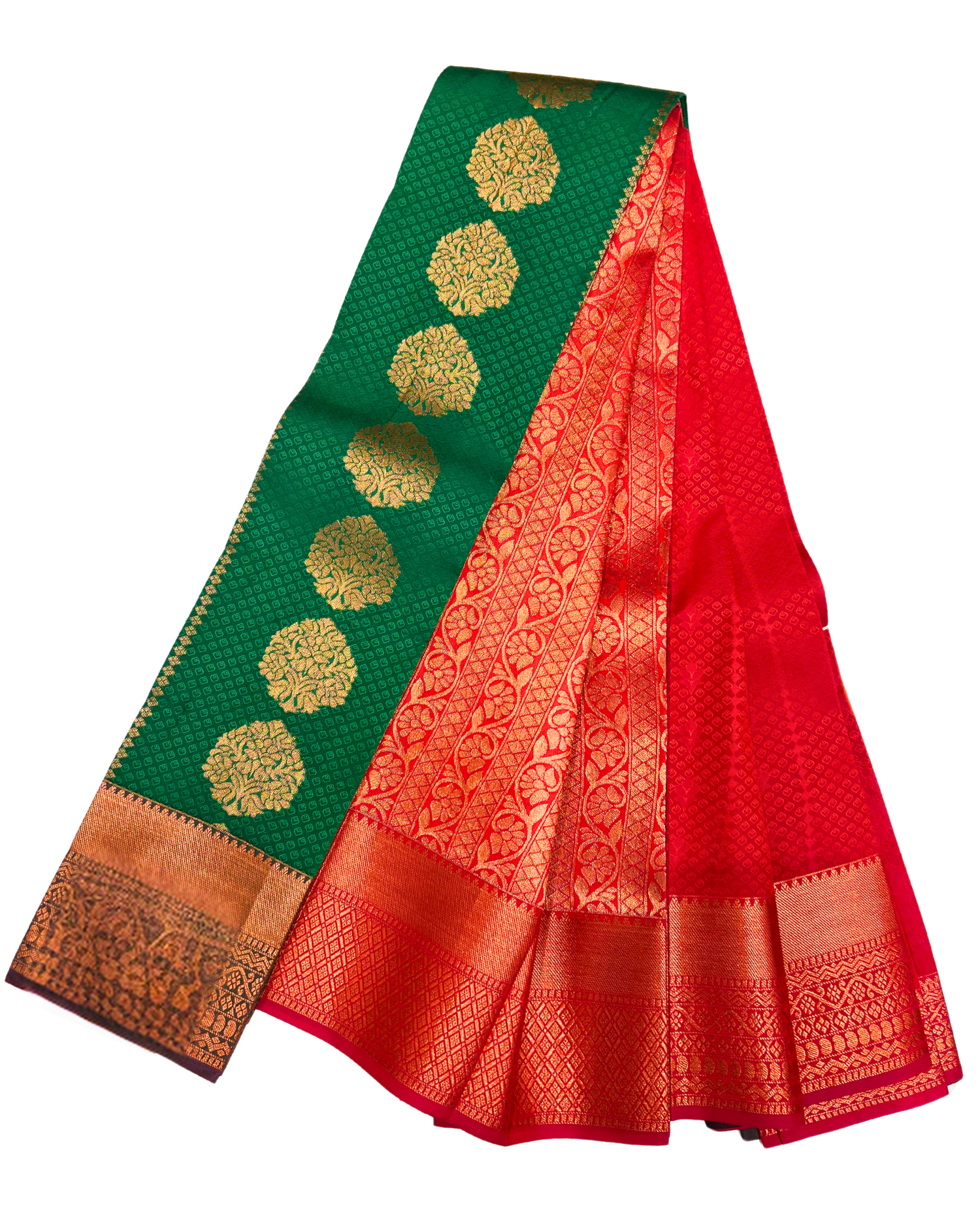 Vibrant Red and Green Art Silk Saree with Traditional Gold Motifs