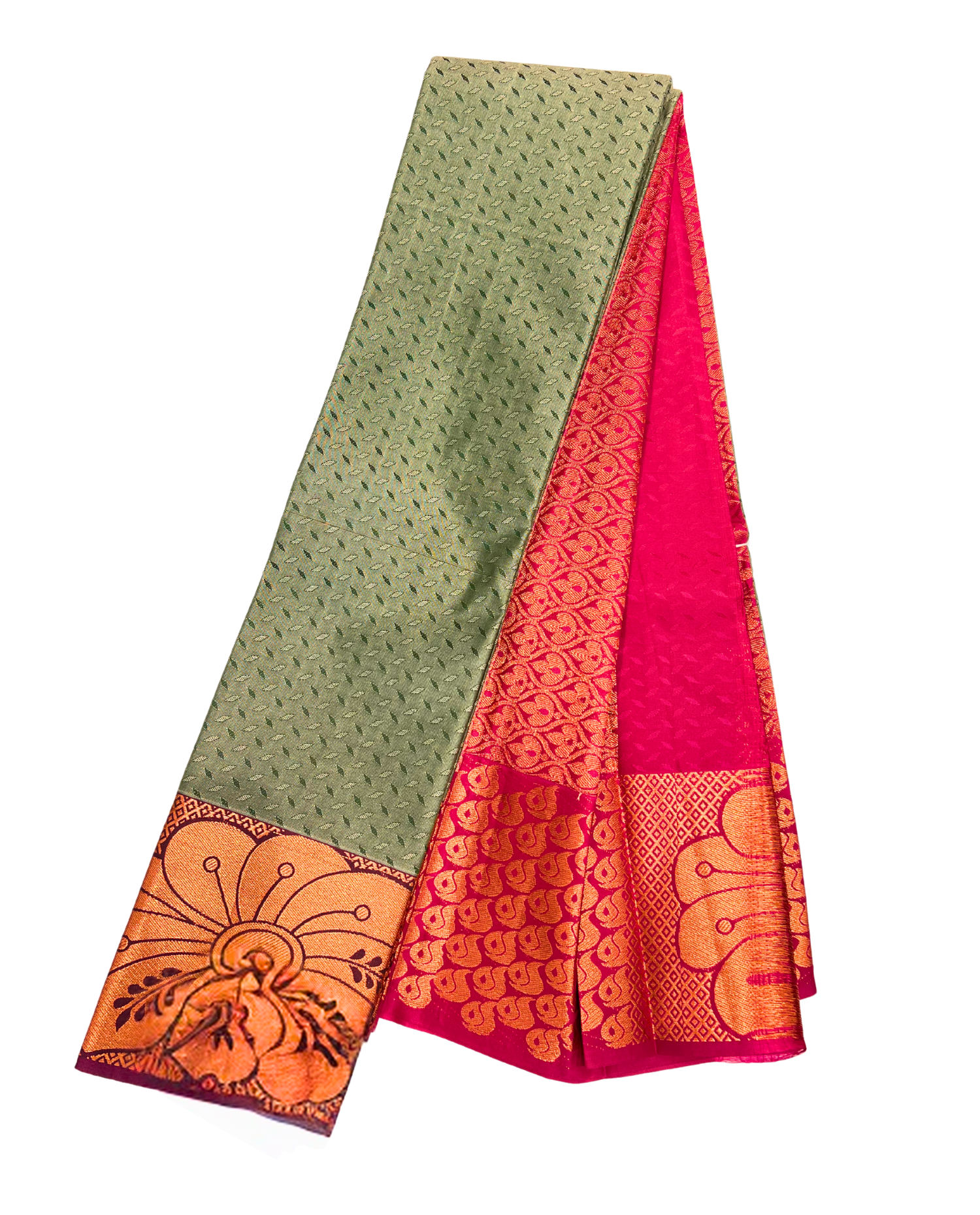 Vibrant Hazel Green and Pink Art Silk Saree with Traditional Gold Border