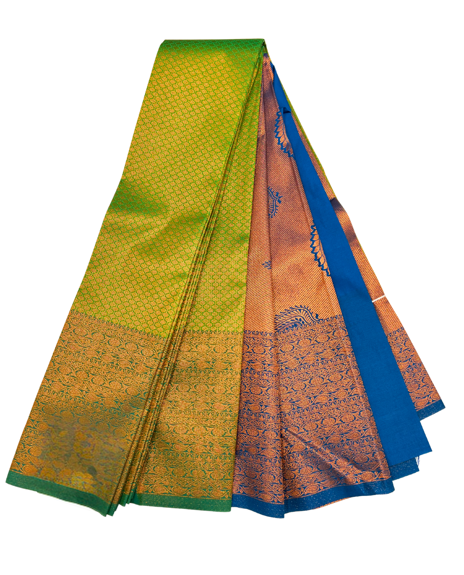 Handwoven Green and Blue Art Silk Saree with Intricate Gold Work