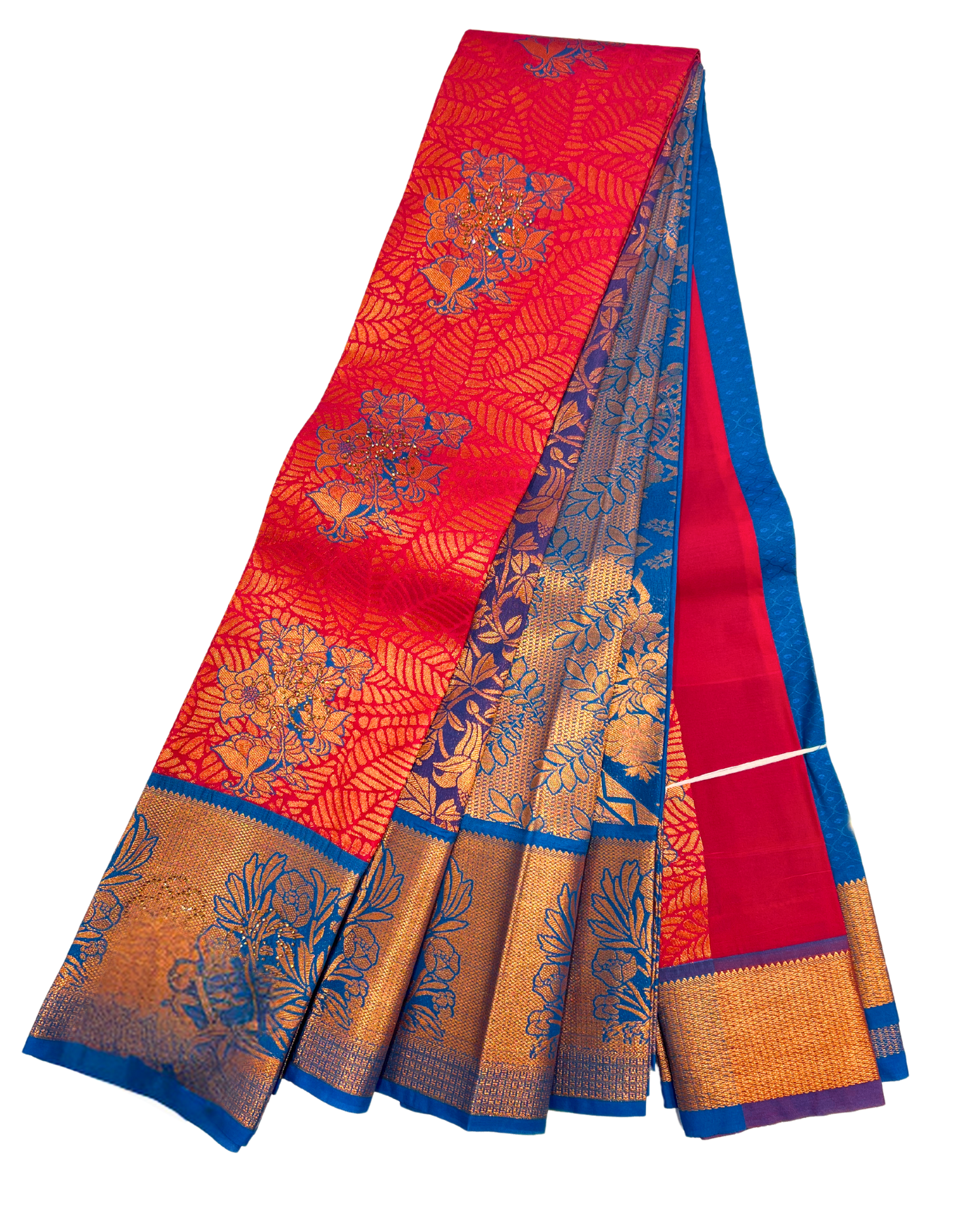 Handwoven Red and Blue Art Silk Saree with Intricate Gold Work