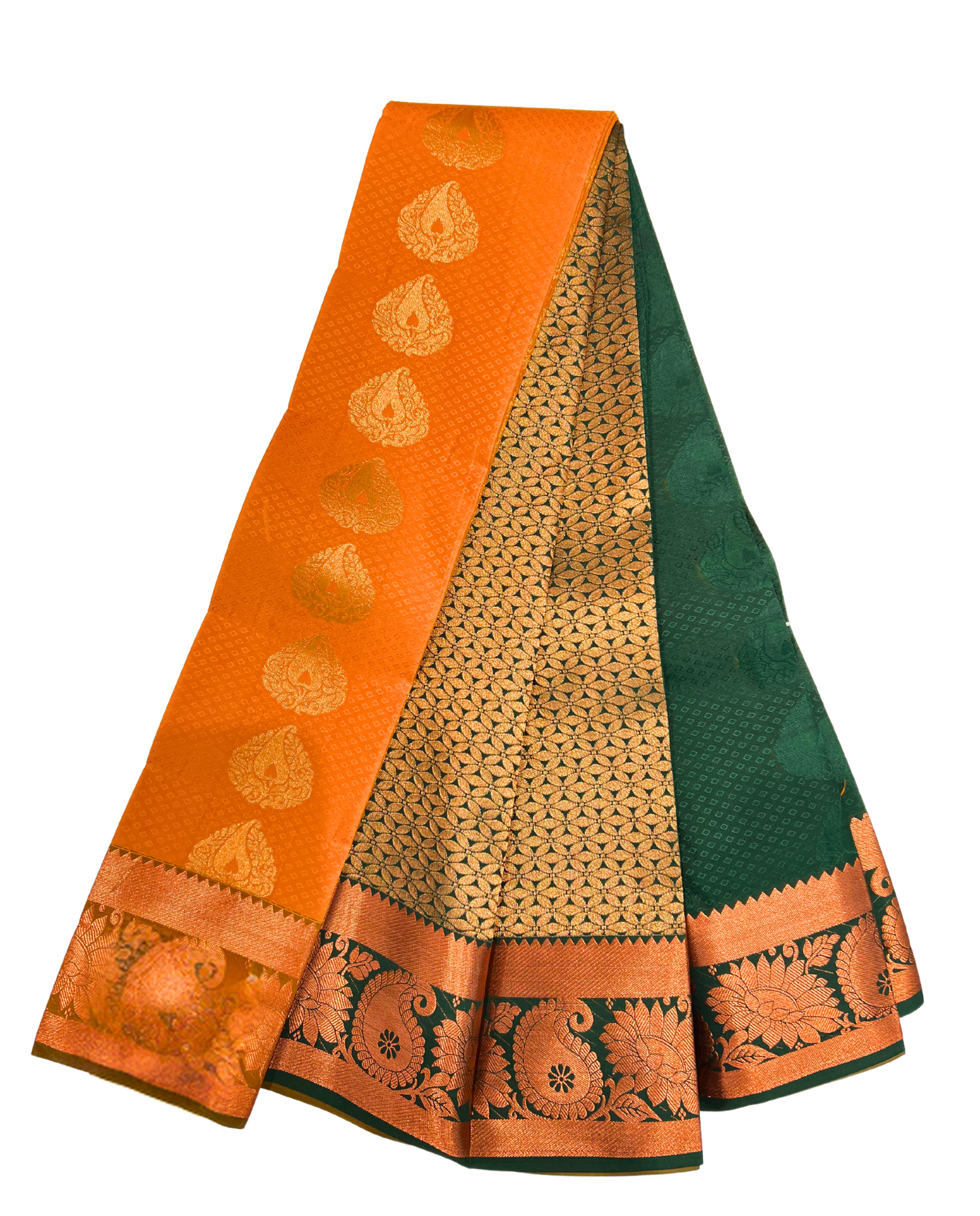 Luxurious Orange and Green Art Silk Saree with Intricate Gold Work