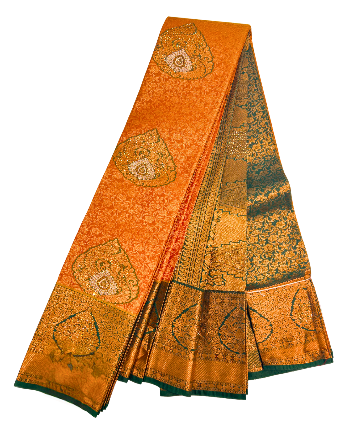 Rich Orange and Green Art Silk Saree with Intricate Gold Motifs