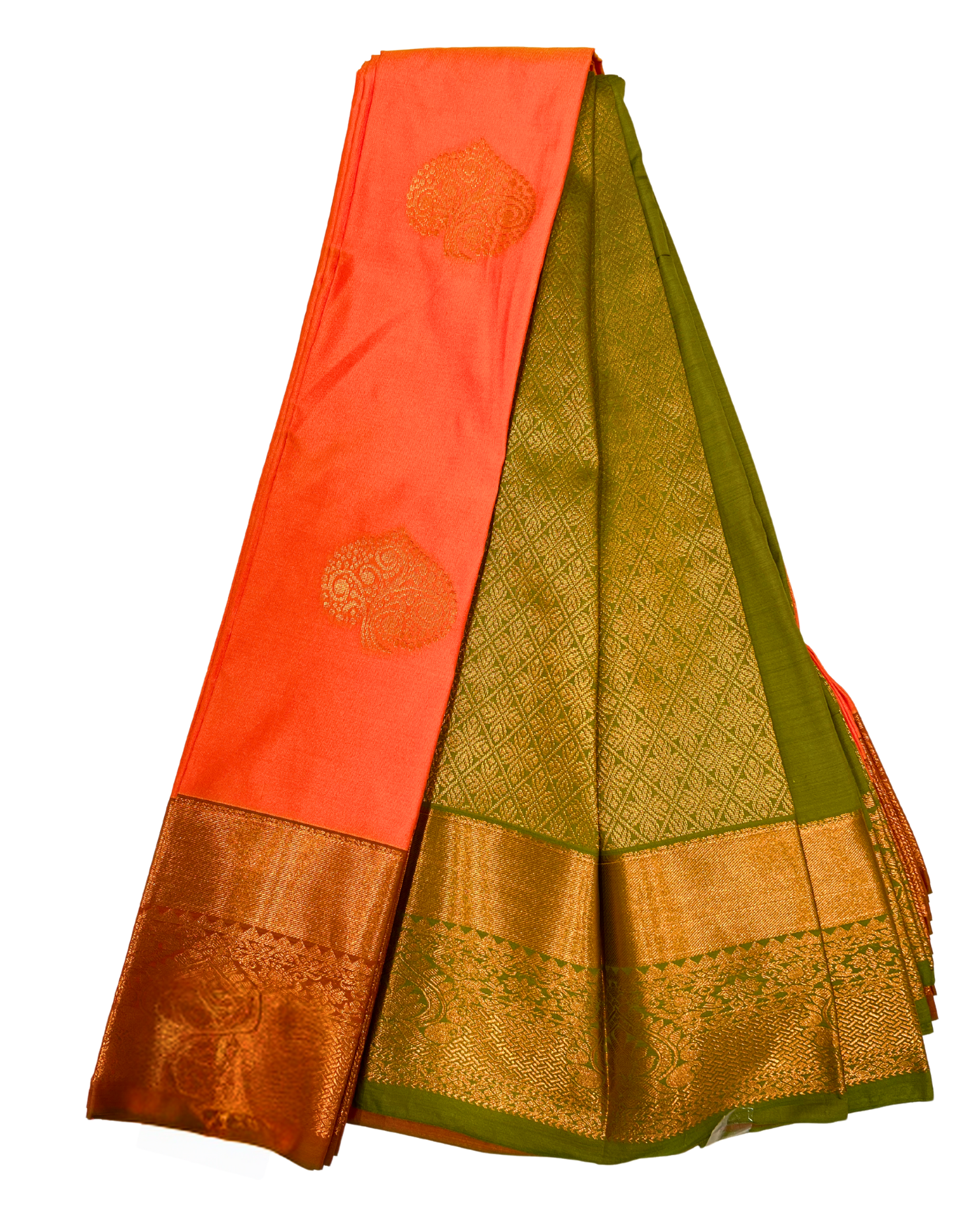 Vibrant Orange and Green Art Silk Saree with Traditional Gold Motifs