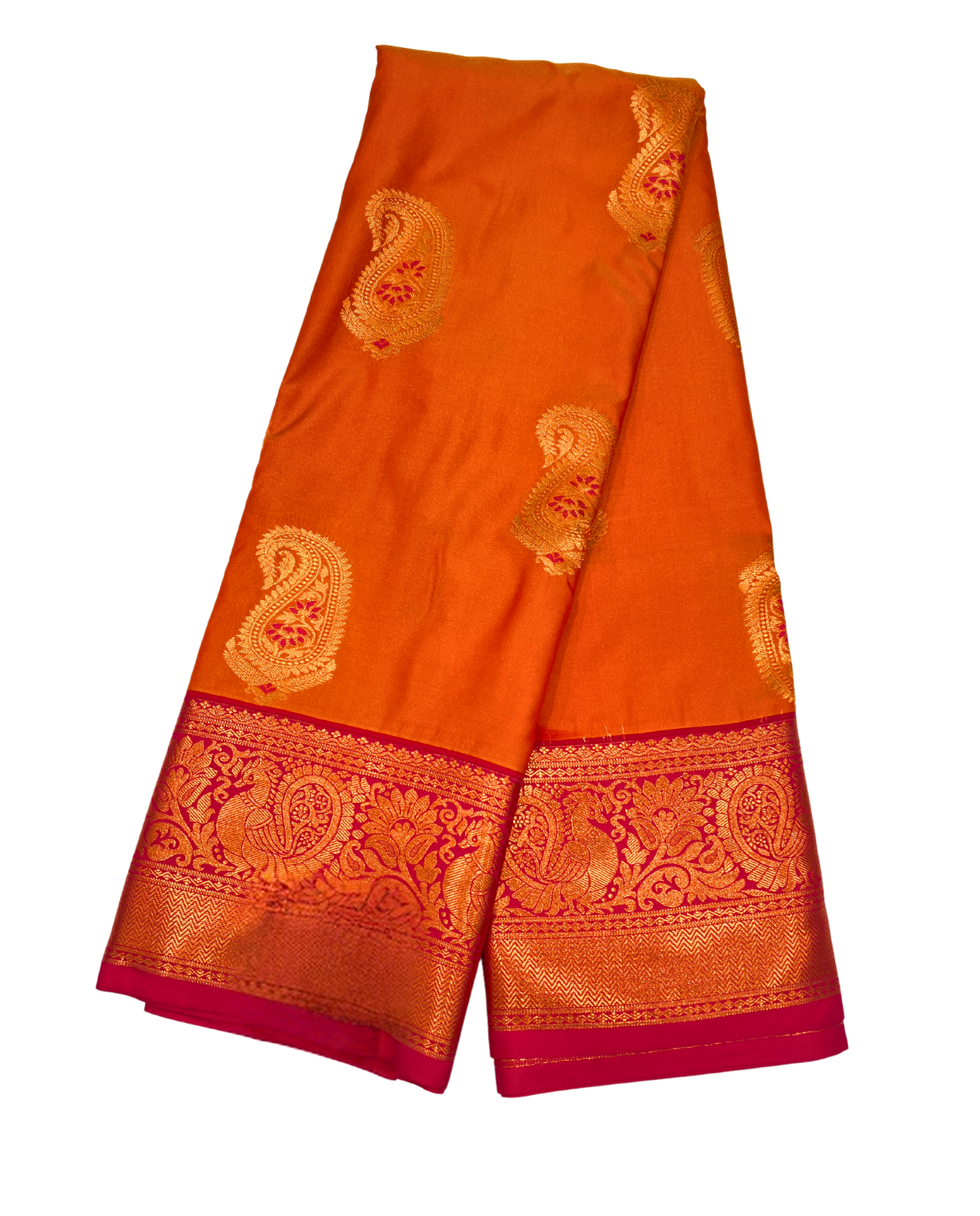 Vibrant Orange Fancy Kanchipuram Art Silk Saree with Intricate Gold Peacock Motifs