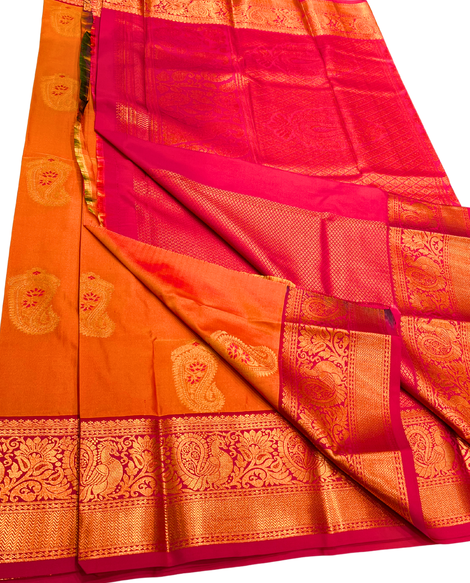 Vibrant Orange Fancy Kanchipuram Art Silk Saree with Intricate Gold Peacock Motifs