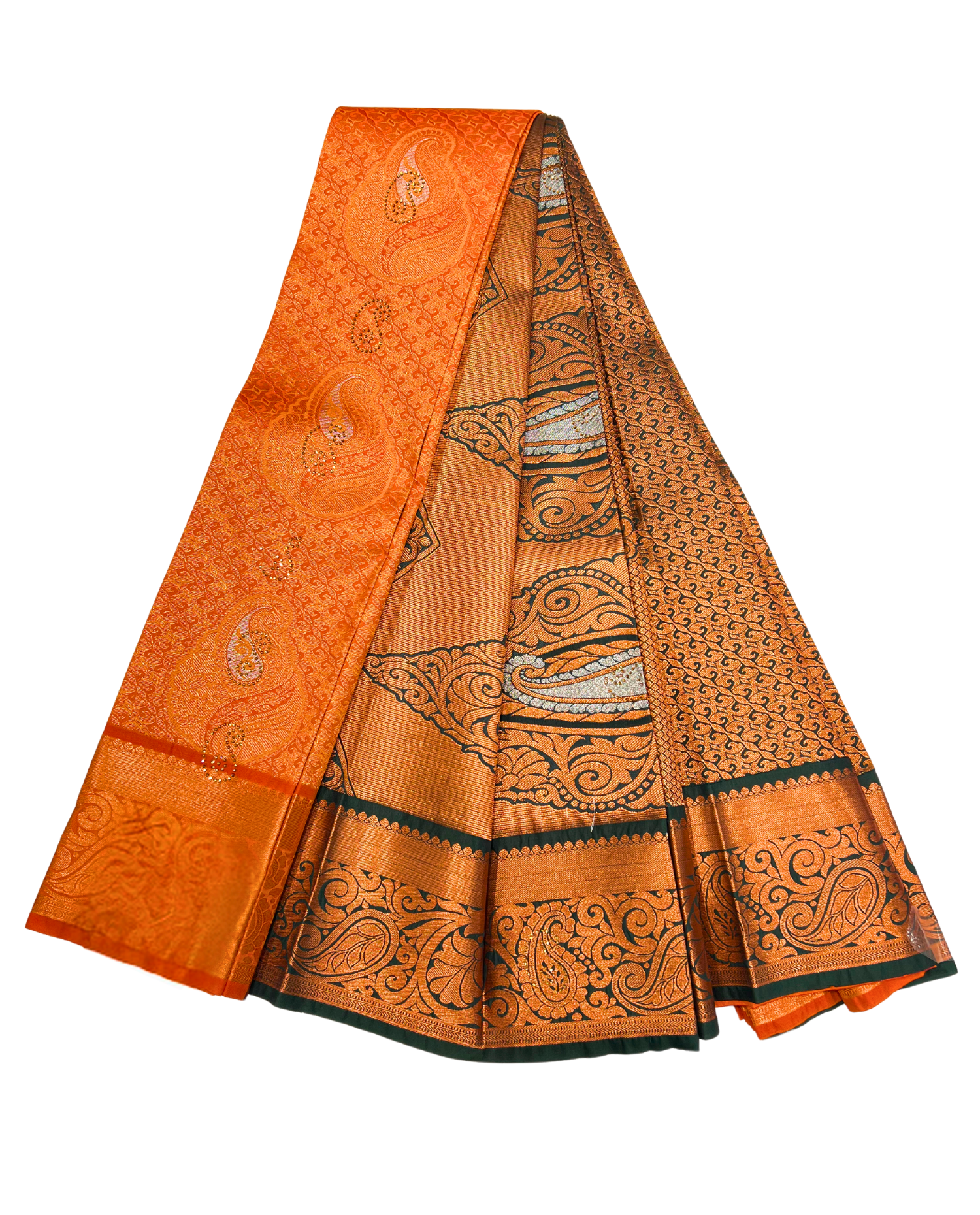 Vibrant Orange and Green Art Silk Saree with Intricate Gold Motifs