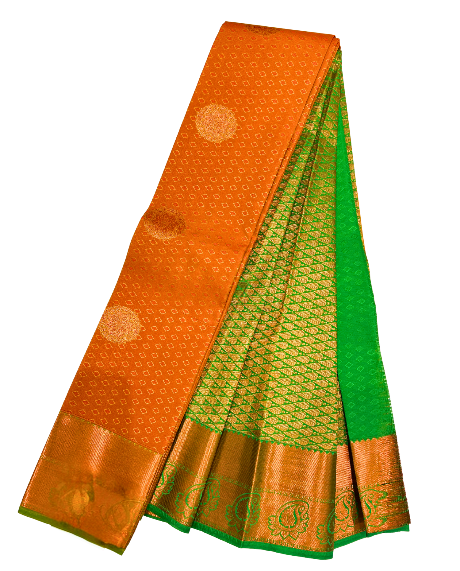 Handwoven Orange and Green Art Silk Saree with Intricate Gold Work