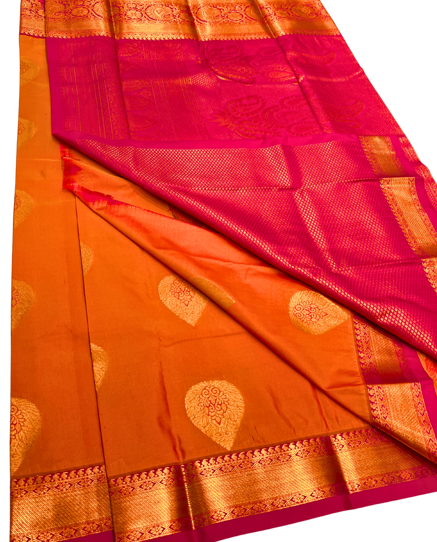 Timeless Orange Fancy Kanchipuram Art Silk Saree with Rich Gold Border