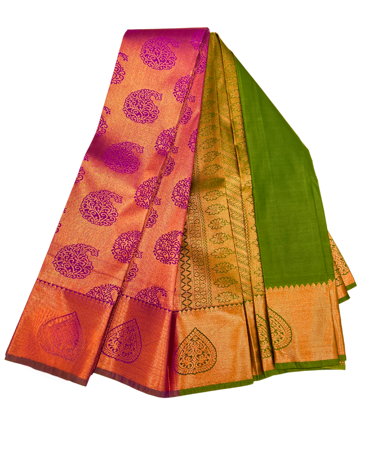 Vibrant Pink and Green Art Silk Saree with Traditional Gold Motifs