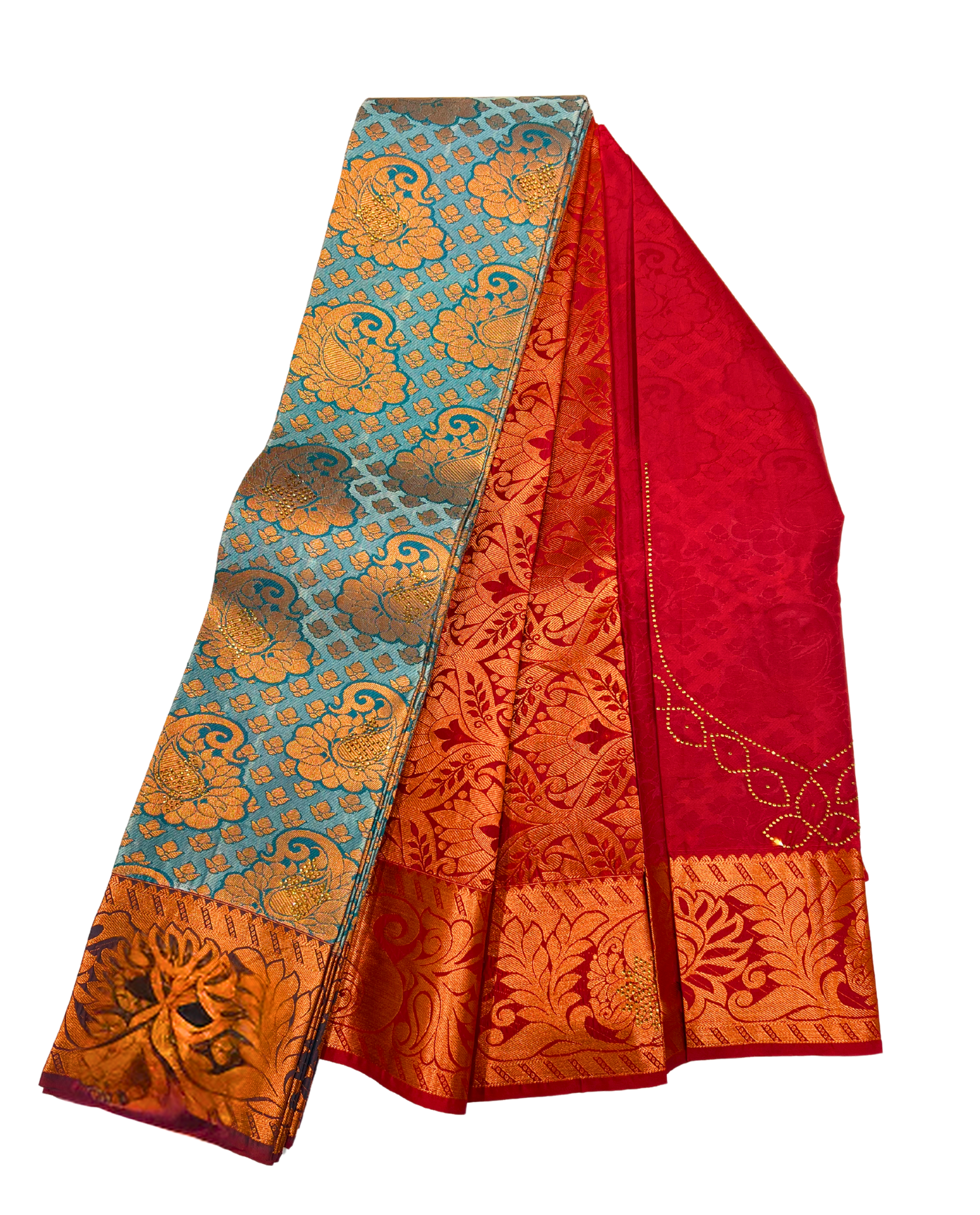 Vibrant Red and Blue Kanchipuram Silk Saree with Intricate Gold Motifs