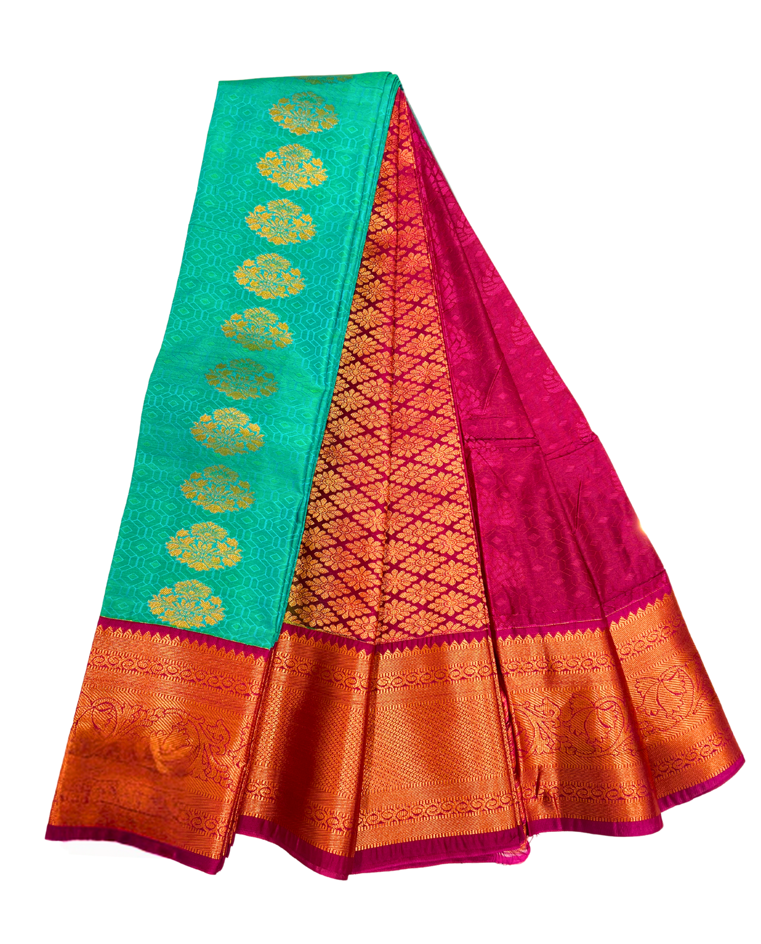 Vibrant Turquoise & Purple Art Silk Saree with Traditional Gold Border