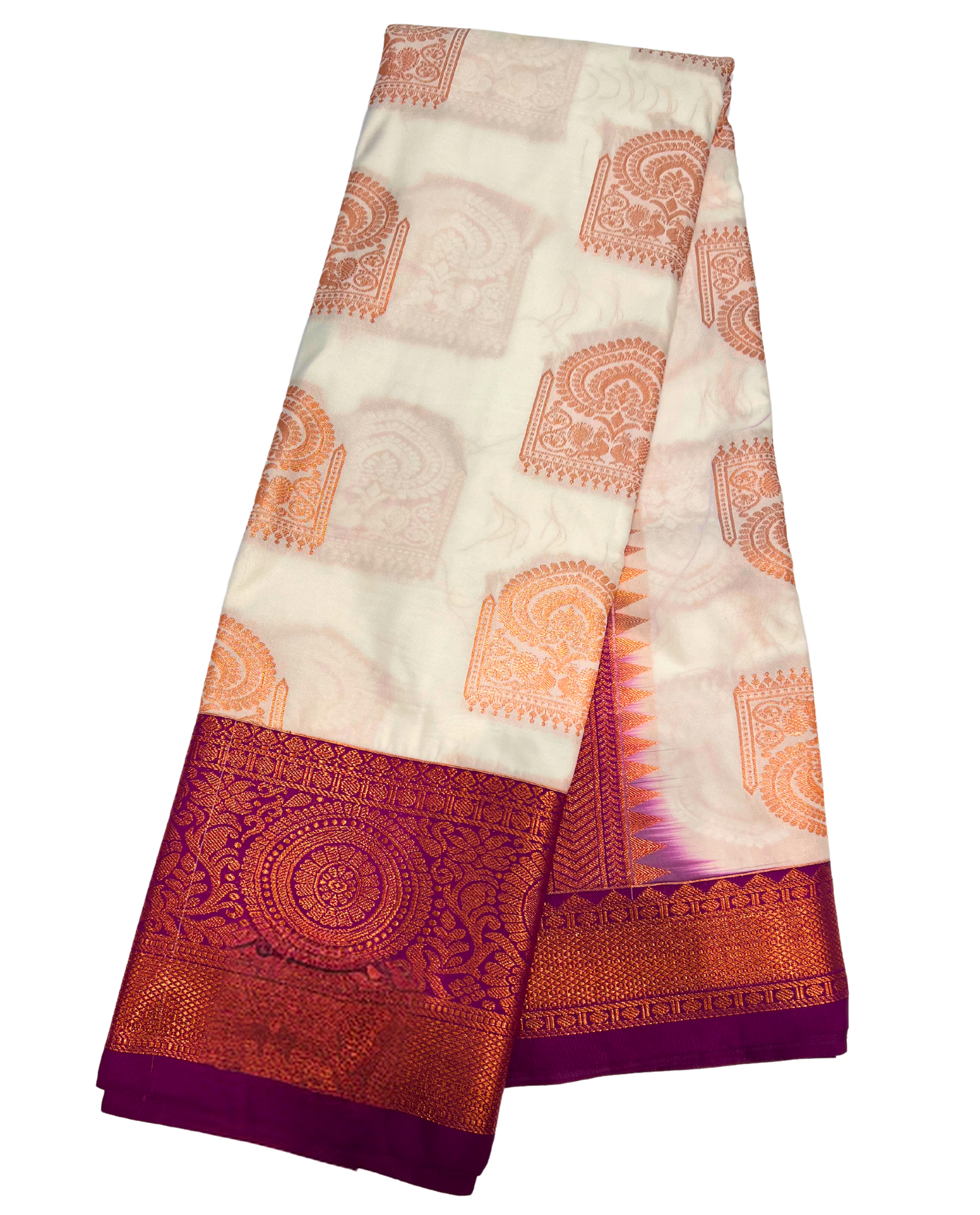 Off-White Art Silk Saree with Traditional Gold and Purple Border