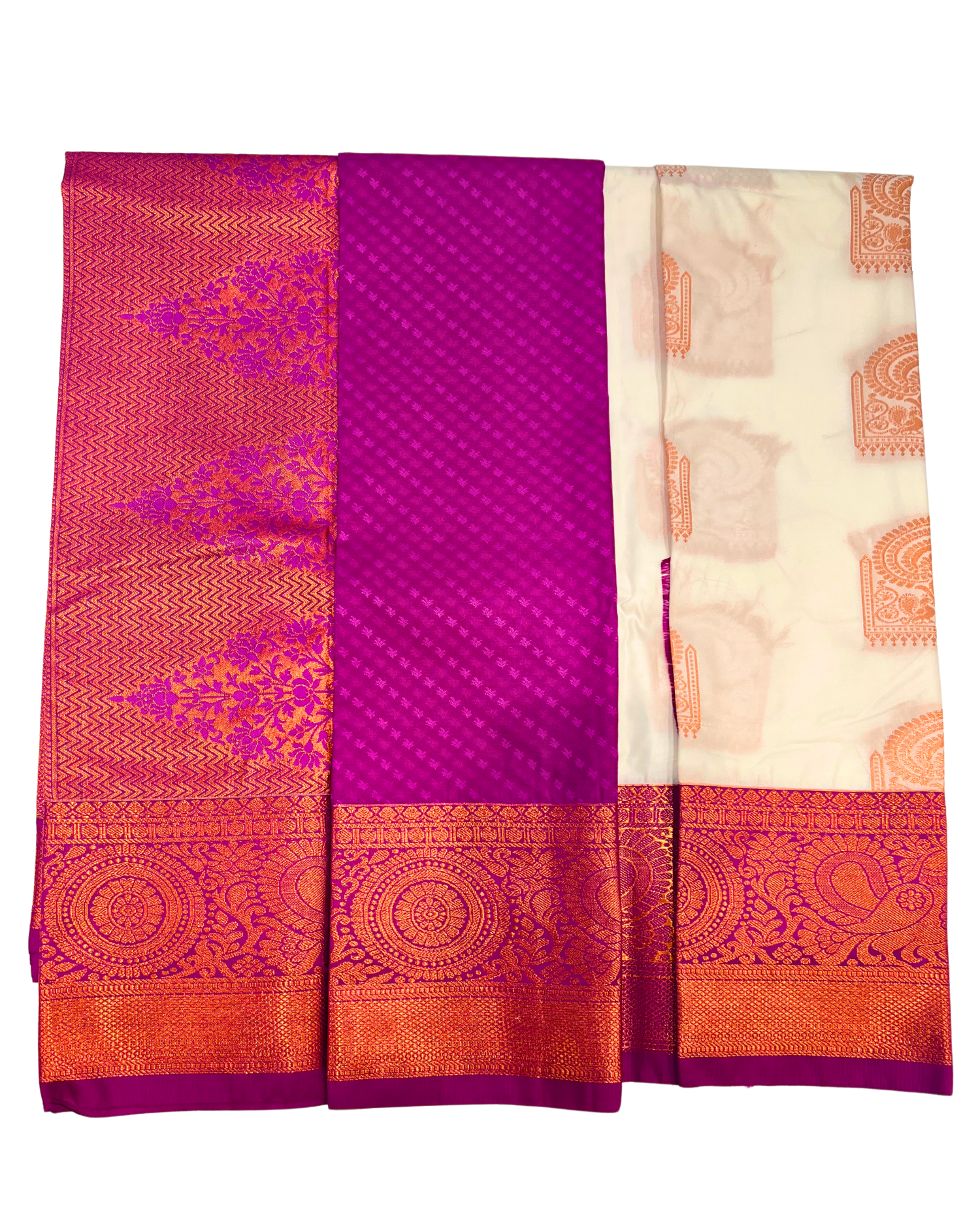 Off-White Art Silk Saree with Traditional Gold and Purple Border