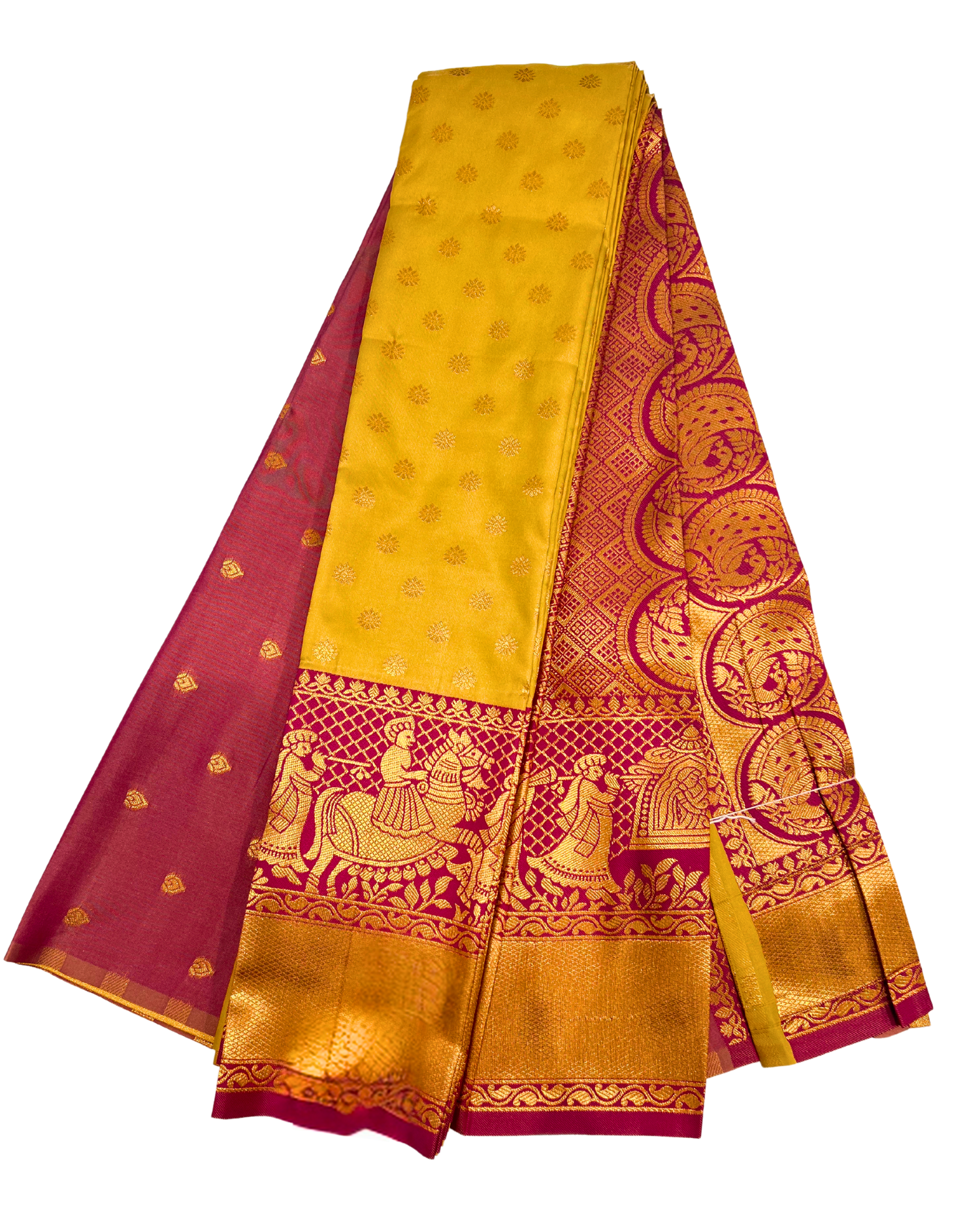 Vibrant Yellow and Pink Kanchipuram Silk Saree with Intricate Gold Motifs