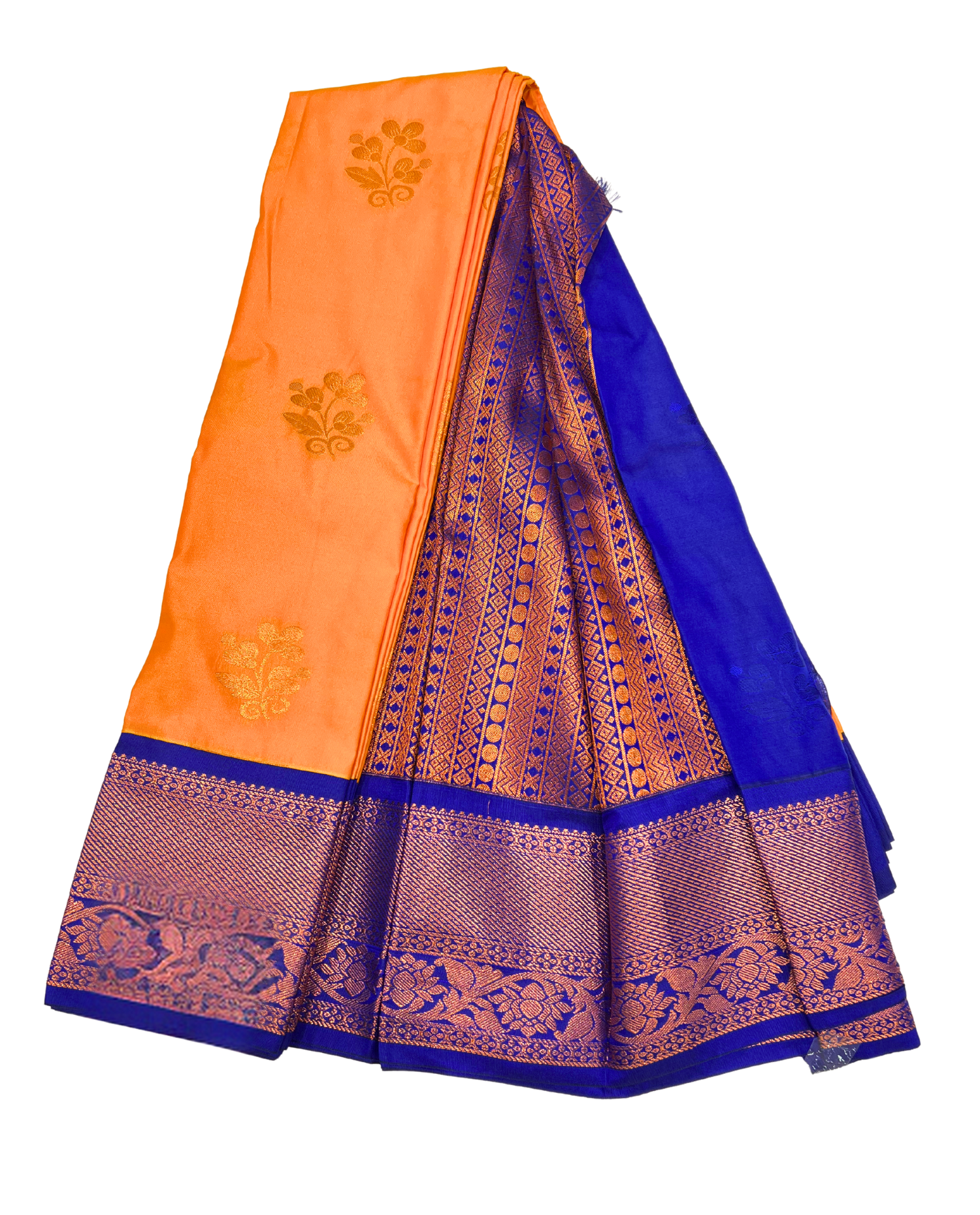 Vibrant Orange and Blue Art Silk Saree with Traditional Gold Motifs