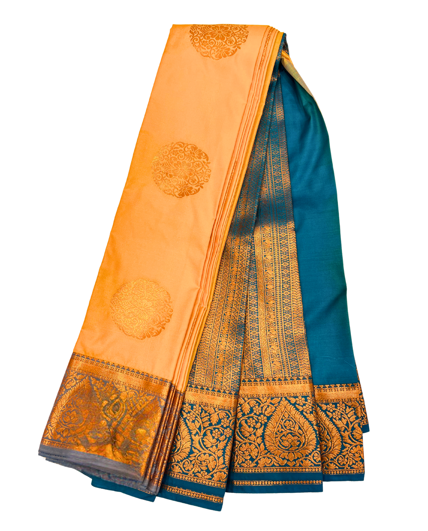 Handwoven Yellow and Blue Art Silk Saree with Intricate Gold Work