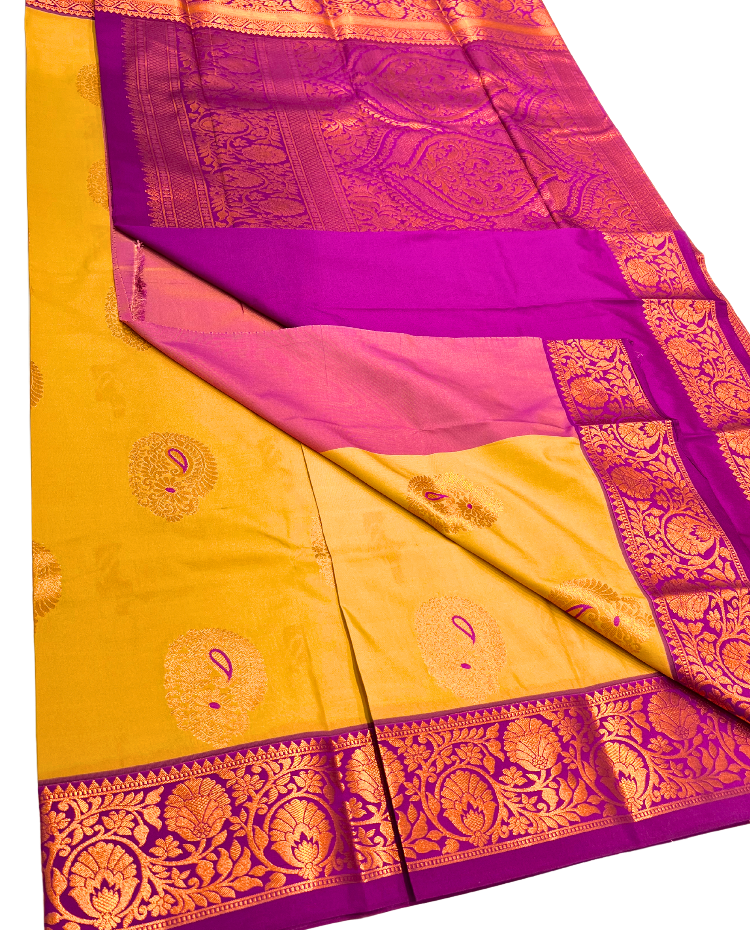 Vibrant Yellow Fancy Kanchipuram Art Silk Saree with Traditional Paisley Motifs