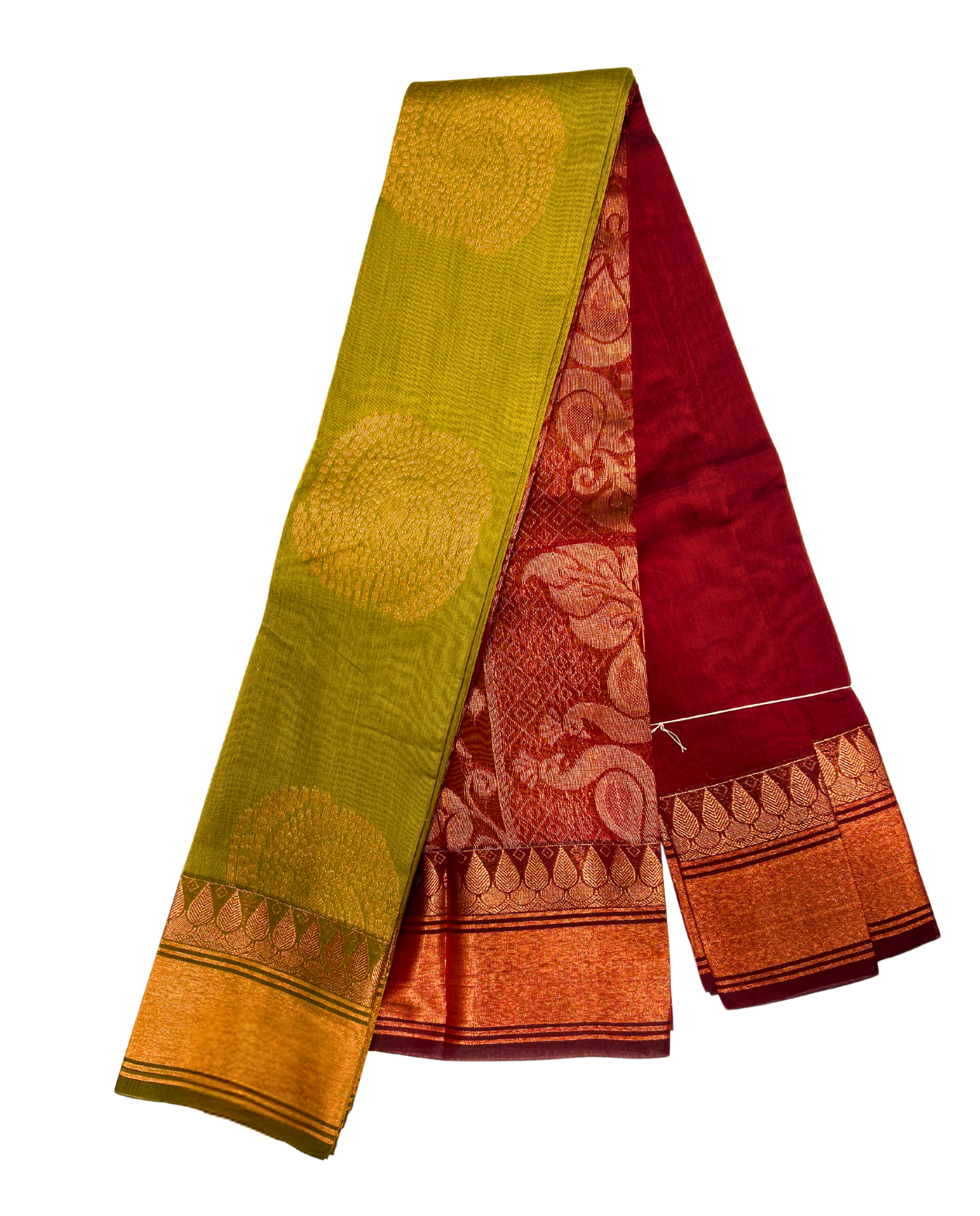 Green and Red Cotton Saree with Gold Border and Floral Motifs