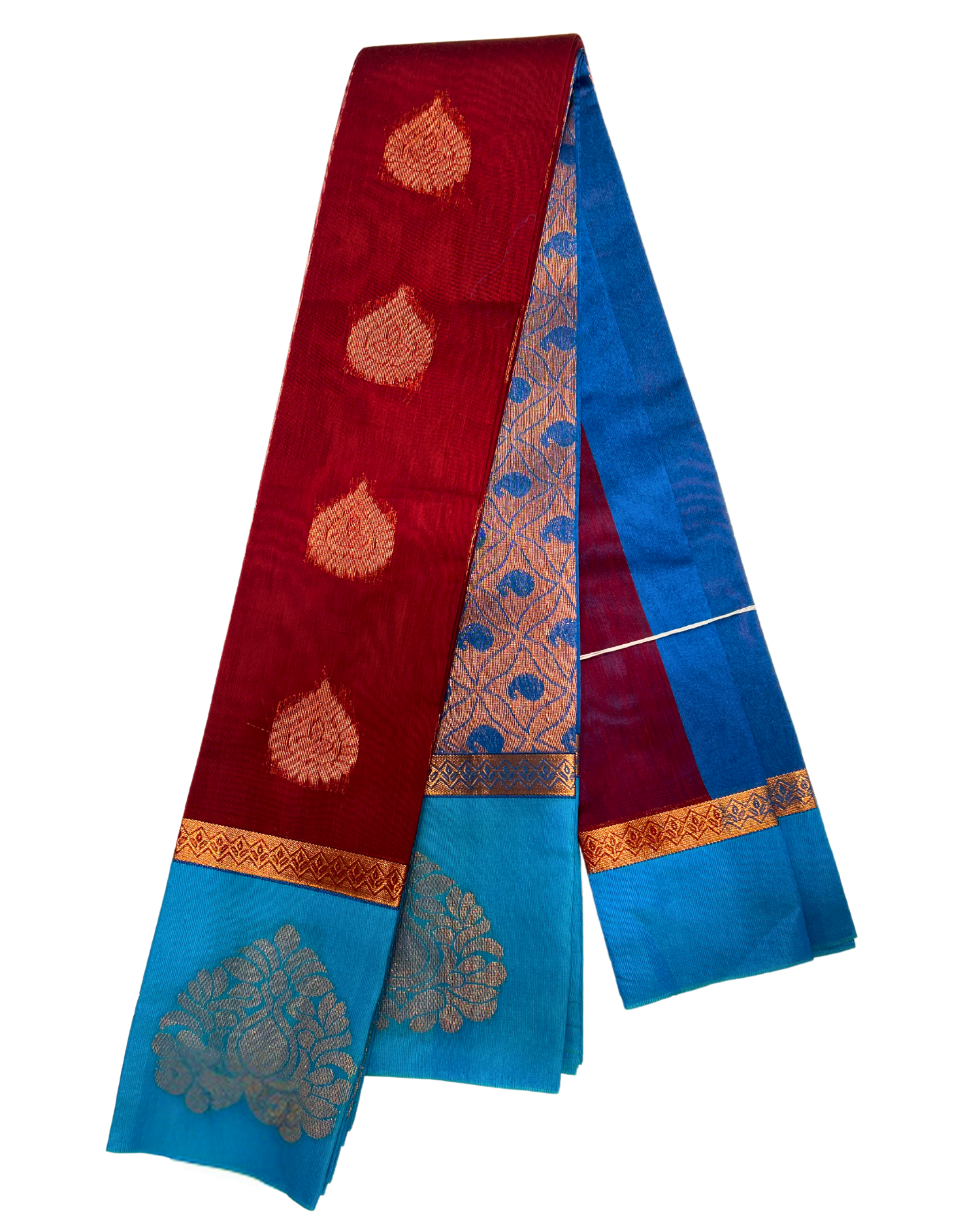 Vibrant Maroon and Blue Cotton Saree with Traditional Motifs