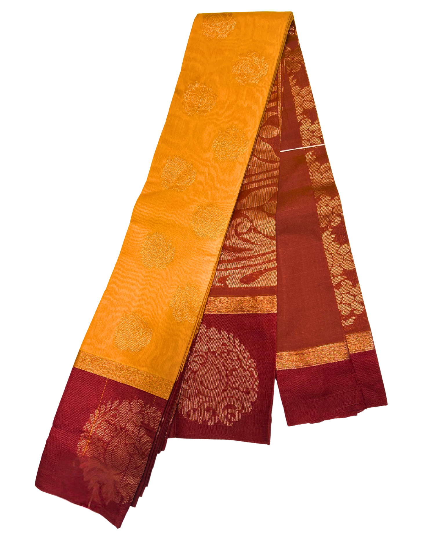 Luxurious Yellow and Red Cotton Saree with Traditional Gold Motifs