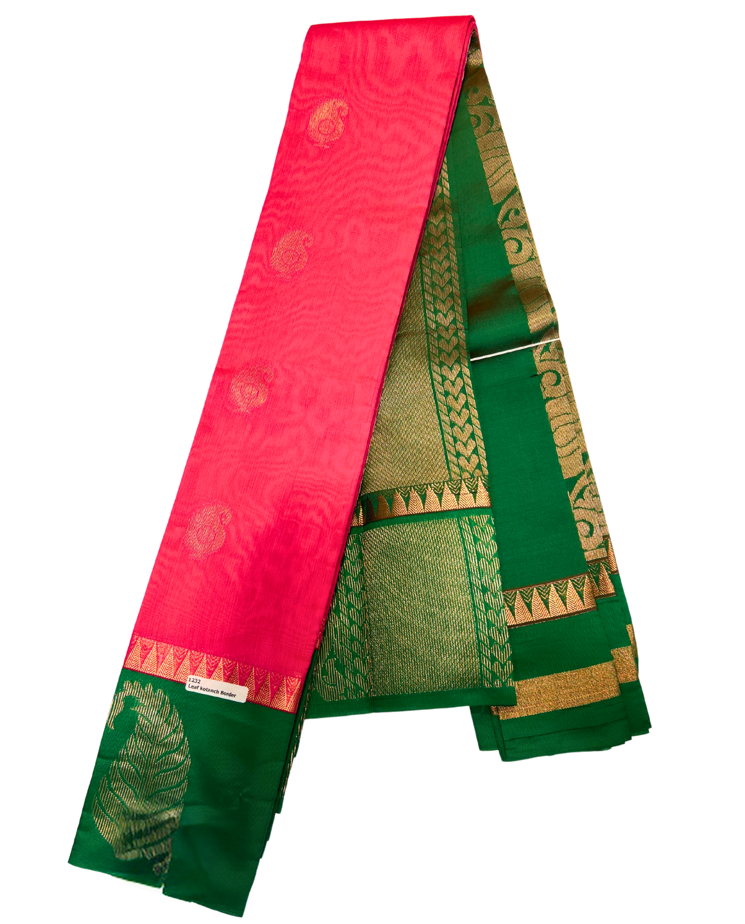 Handwoven Pink and Green Cotton Saree with Intricate Gold Work