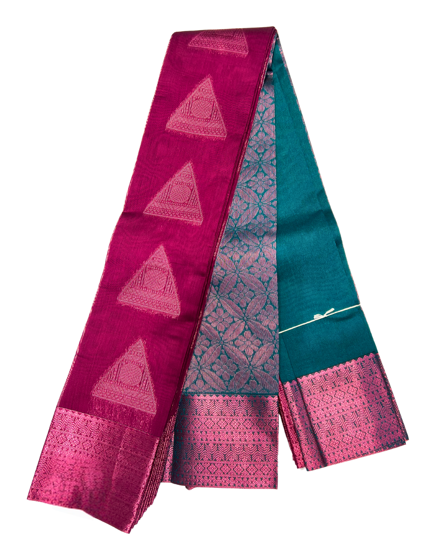 Vibrant Pink and Teal Cotton Saree with Traditional Border