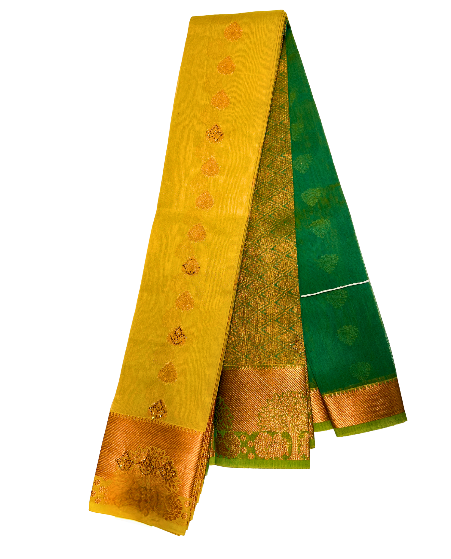 Handwoven Yellow and Green Cotton Saree with Intricate Gold Border