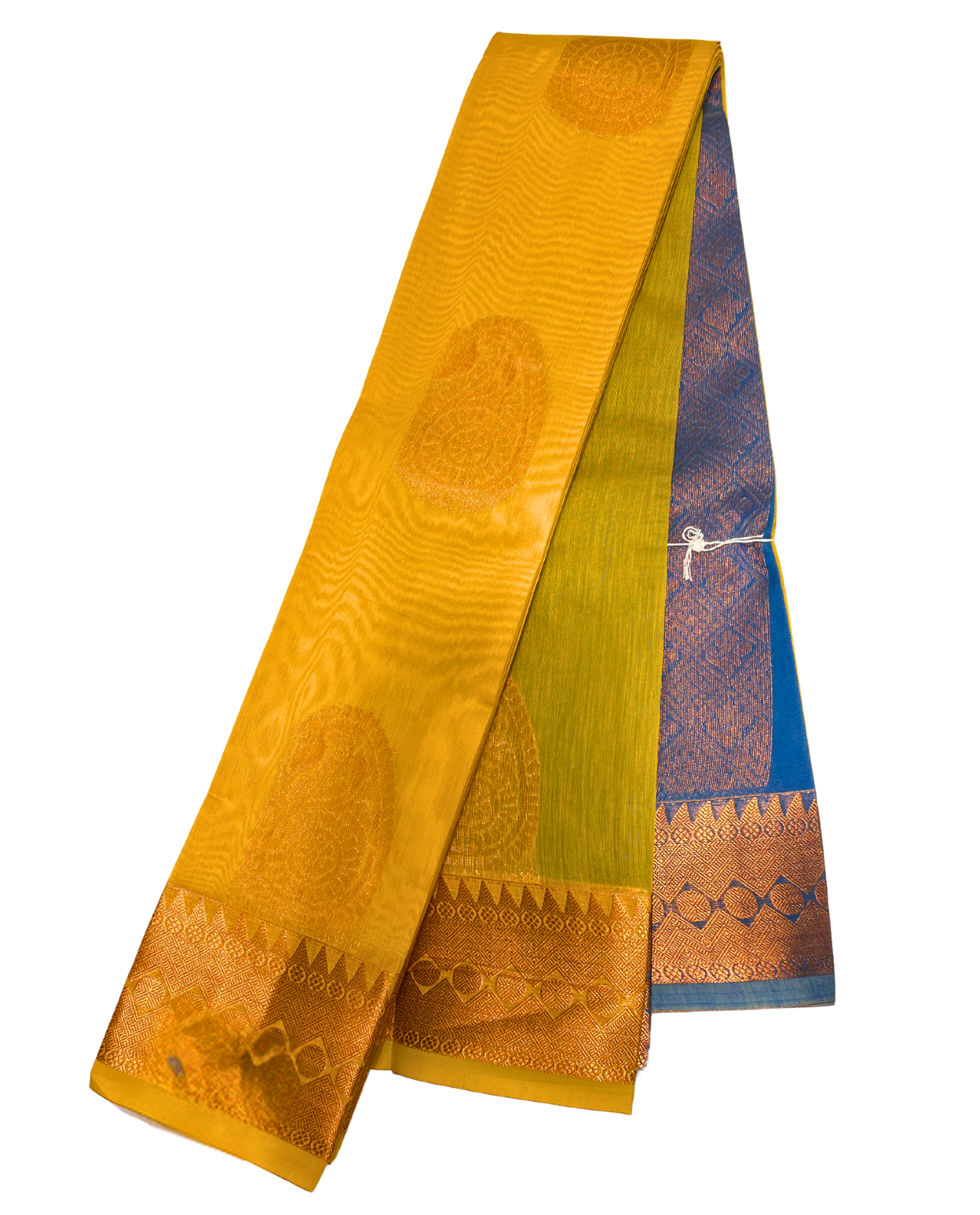 Handwoven Yellow and Green Cotton Saree with Intricate Gold Work