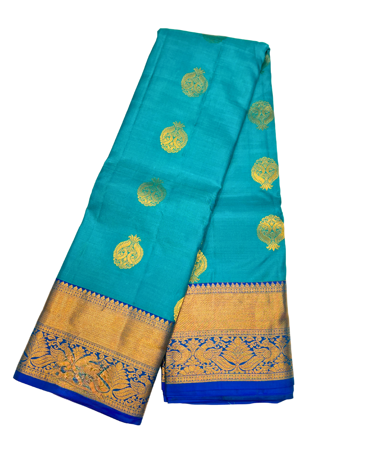 Vibrant Turquoise Pure Kanchipuram Silk Saree with Golden Peacock Motifs and Blue Border