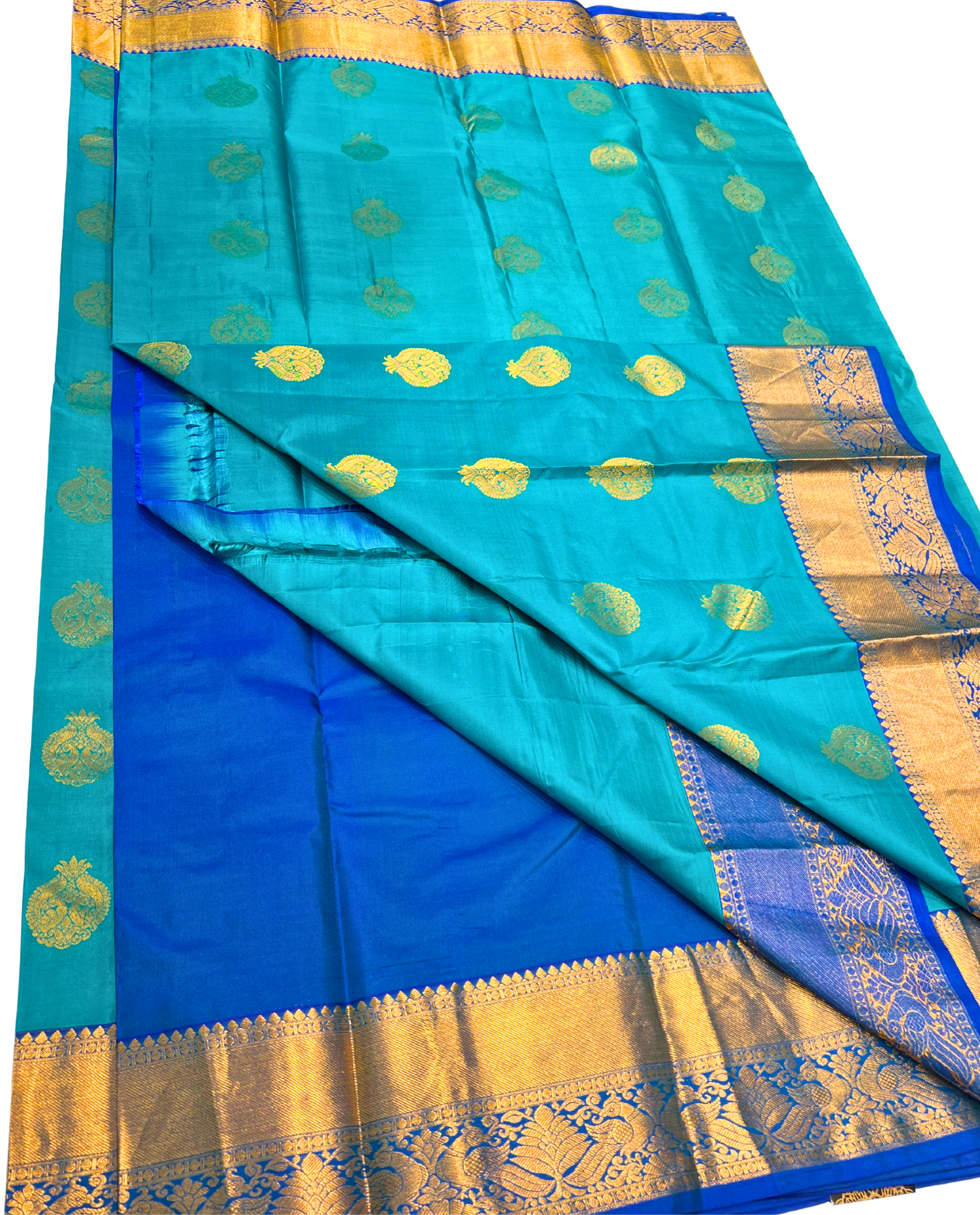 Vibrant Turquoise Pure Kanchipuram Silk Saree with Golden Peacock Motifs and Blue Border