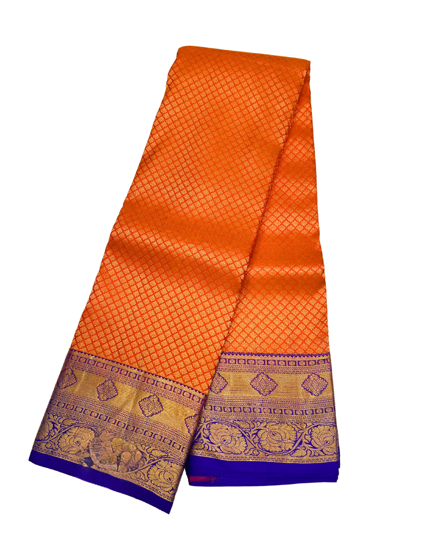 Vibrant Orange Pure Kanchipuram Silk Saree with Blue Border and Gold Weaves