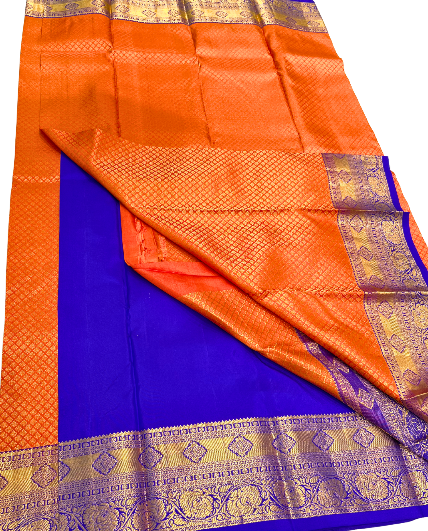 Vibrant Orange Pure Kanchipuram Silk Saree with Blue Border and Gold Weaves