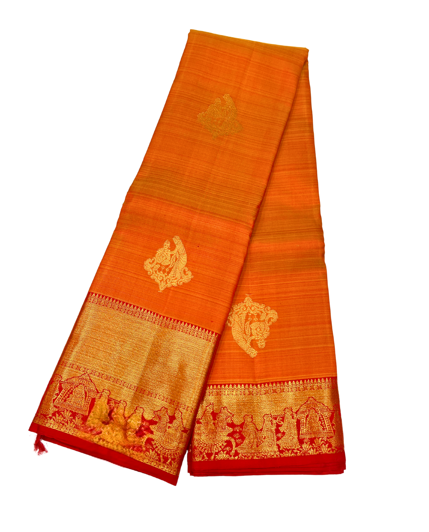 Vibrant Orange Pure Kanchipuram Silk Saree with Traditional Motifs and Red Border