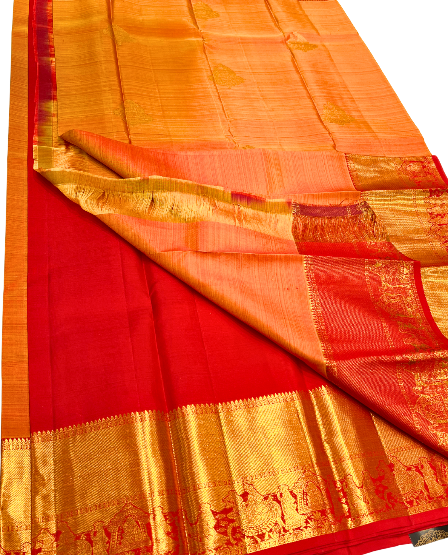 Vibrant Orange Pure Kanchipuram Silk Saree with Traditional Motifs and Red Border