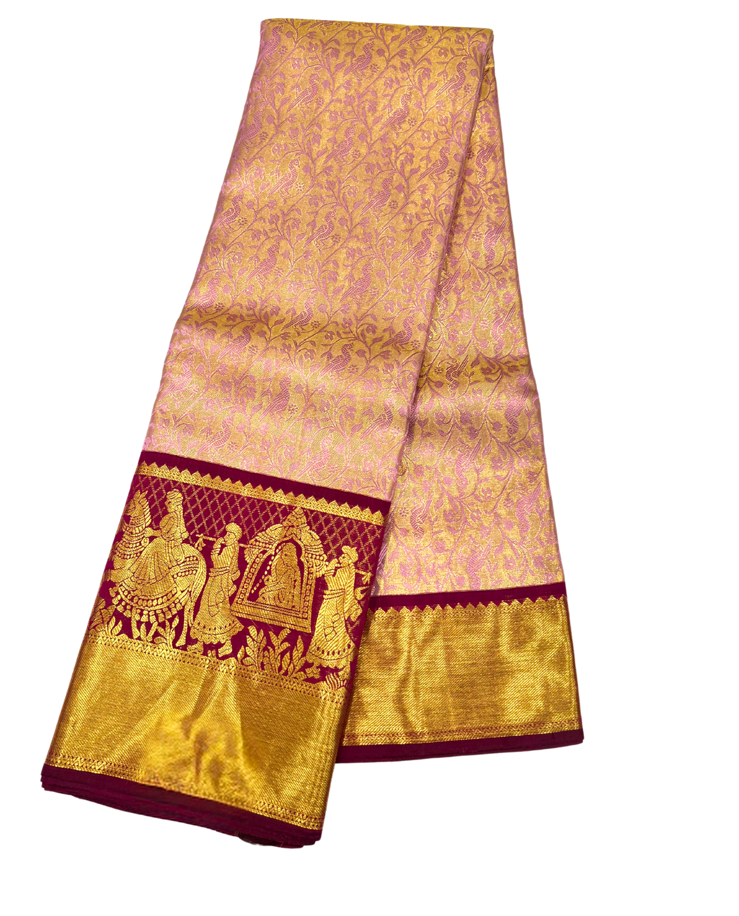 Pink Pure Kanchipuram Silk Saree with Traditional Gold Border and Temple Motifs