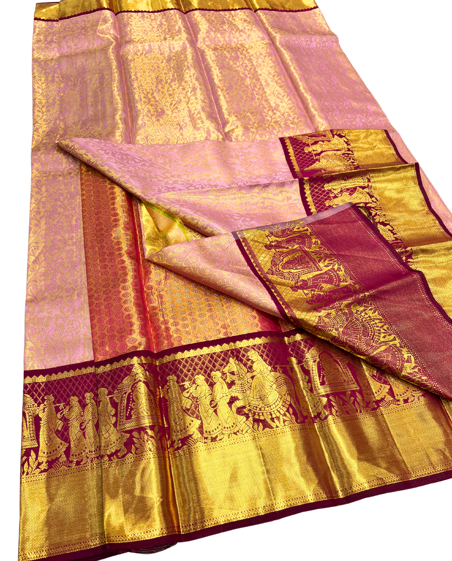 Pink Pure Kanchipuram Silk Saree with Traditional Gold Border and Temple Motifs