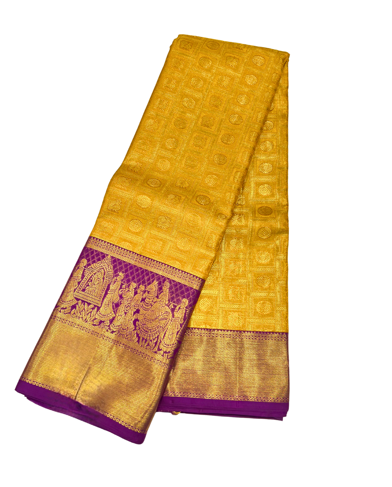 Vibrant Yellow Pure Kanchipuram Silk Saree with Traditional Temple Motifs and Purple Border