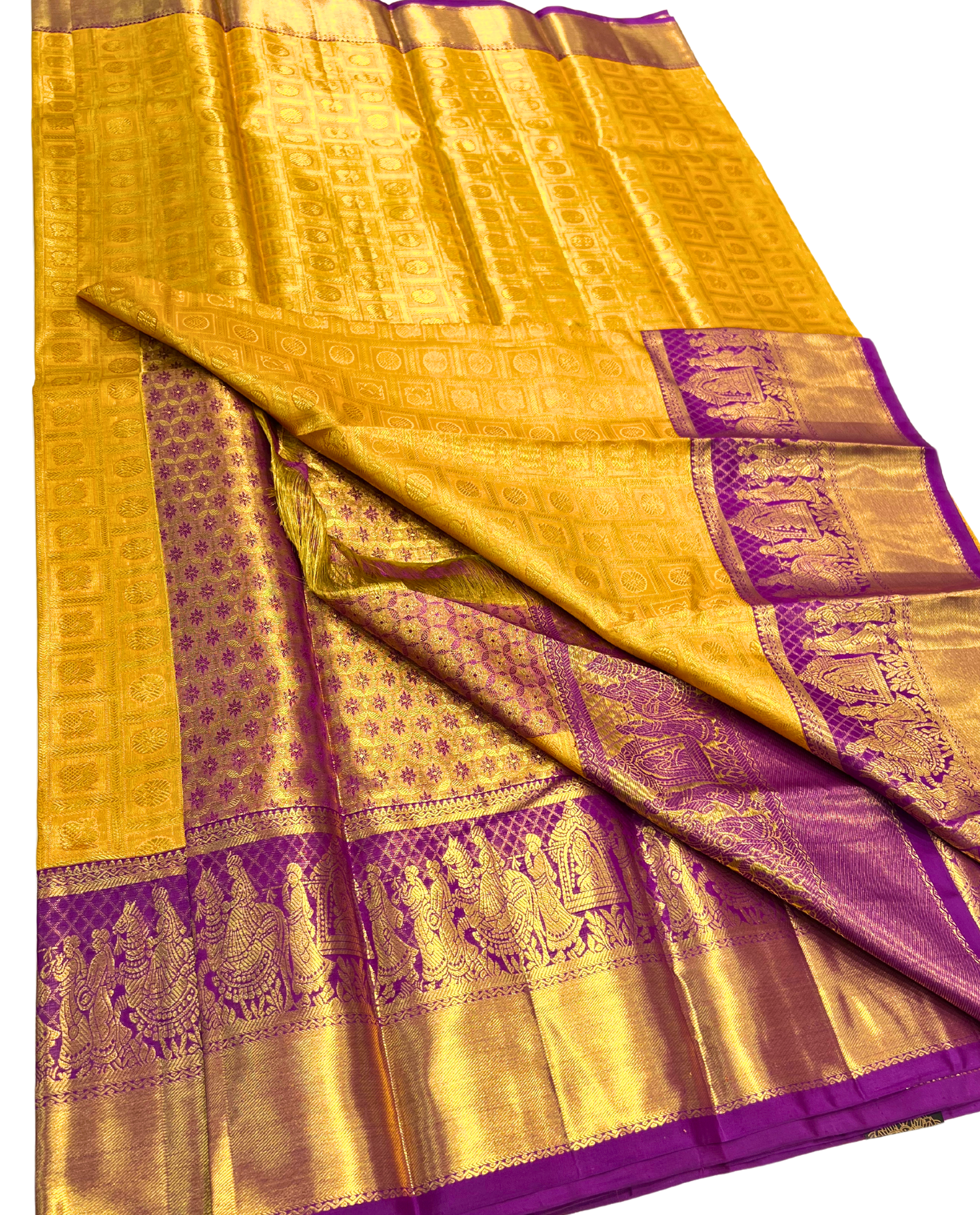 Vibrant Yellow Pure Kanchipuram Silk Saree with Traditional Temple Motifs and Purple Border