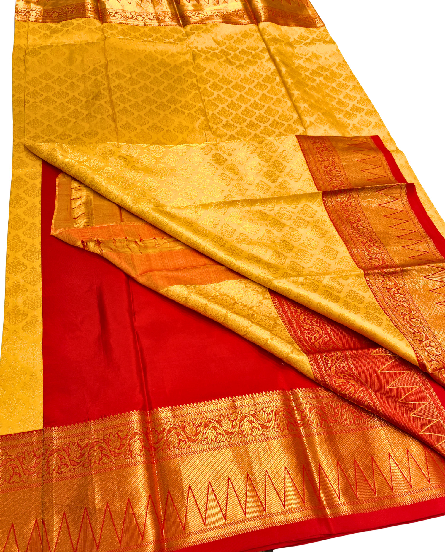 Handwoven Yellow Pure Kanchipuram Silk Saree with Intricate Red Border