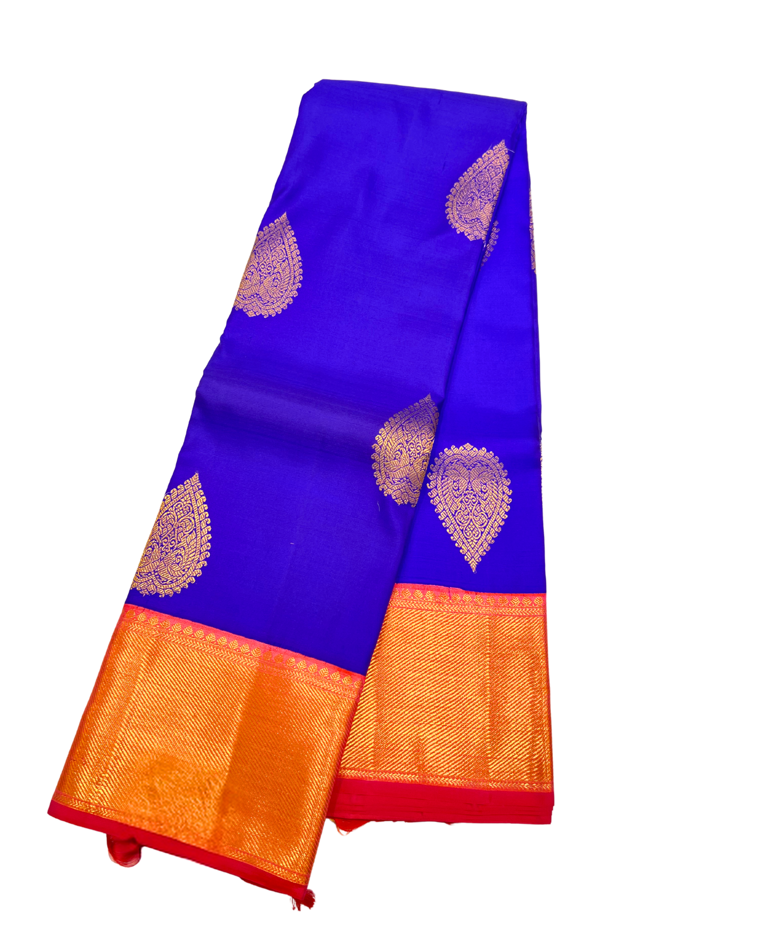 Royal Blue Pure Kanchipuram Silk Saree with Intricate Gold Motifs and Red Border