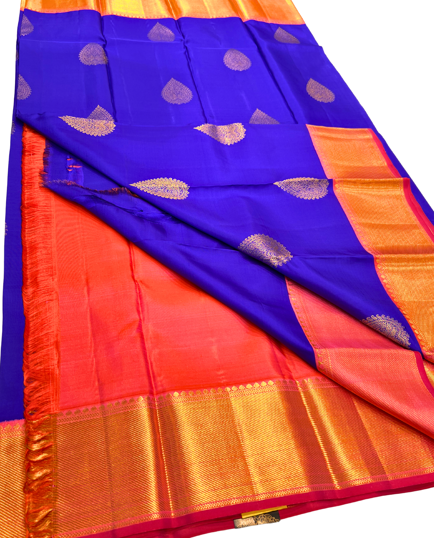 Royal Blue Pure Kanchipuram Silk Saree with Intricate Gold Motifs and Red Border